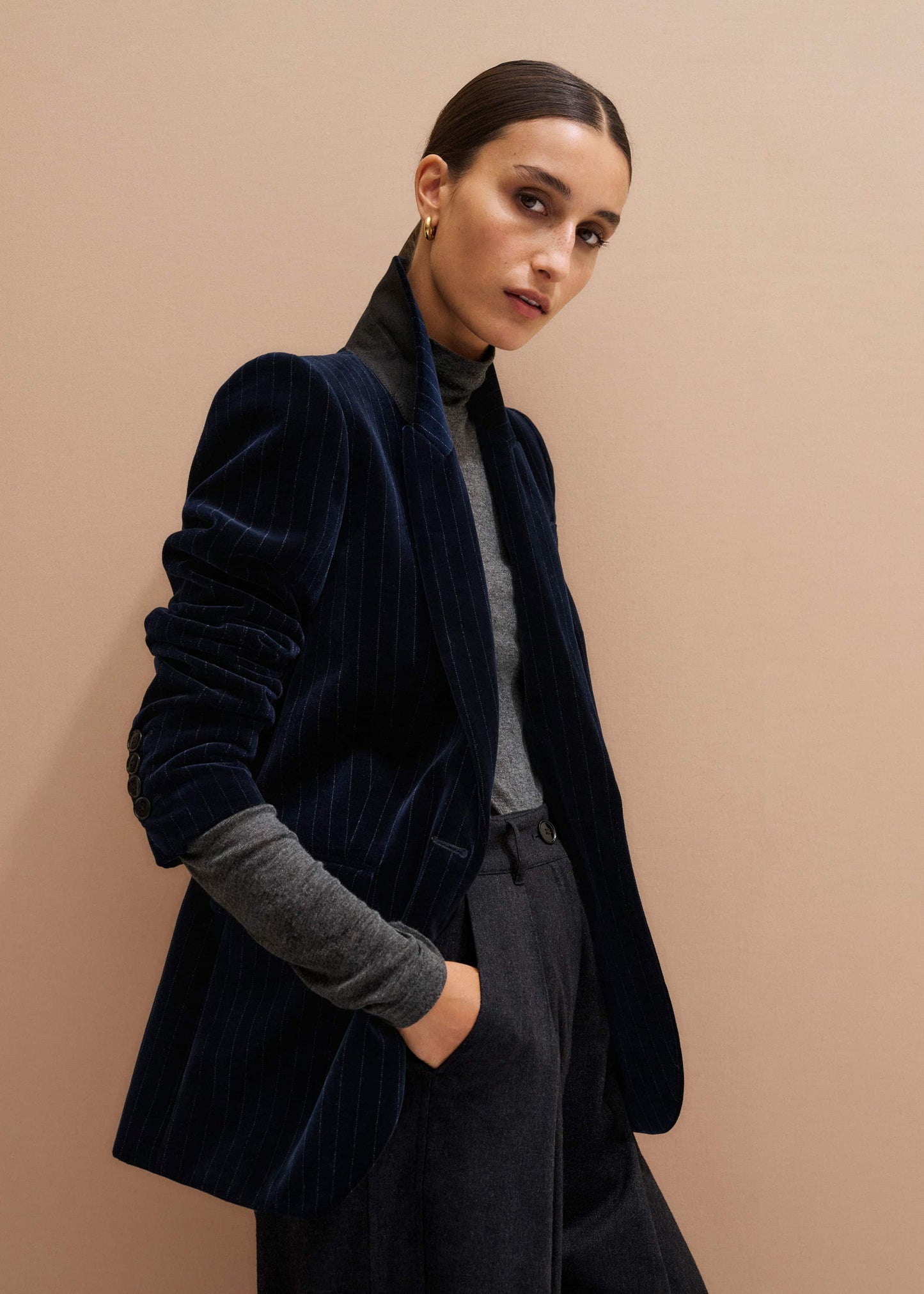 ME and EM Clothing Navy Pinstripe Velvet Sharp Shoulder Blazer