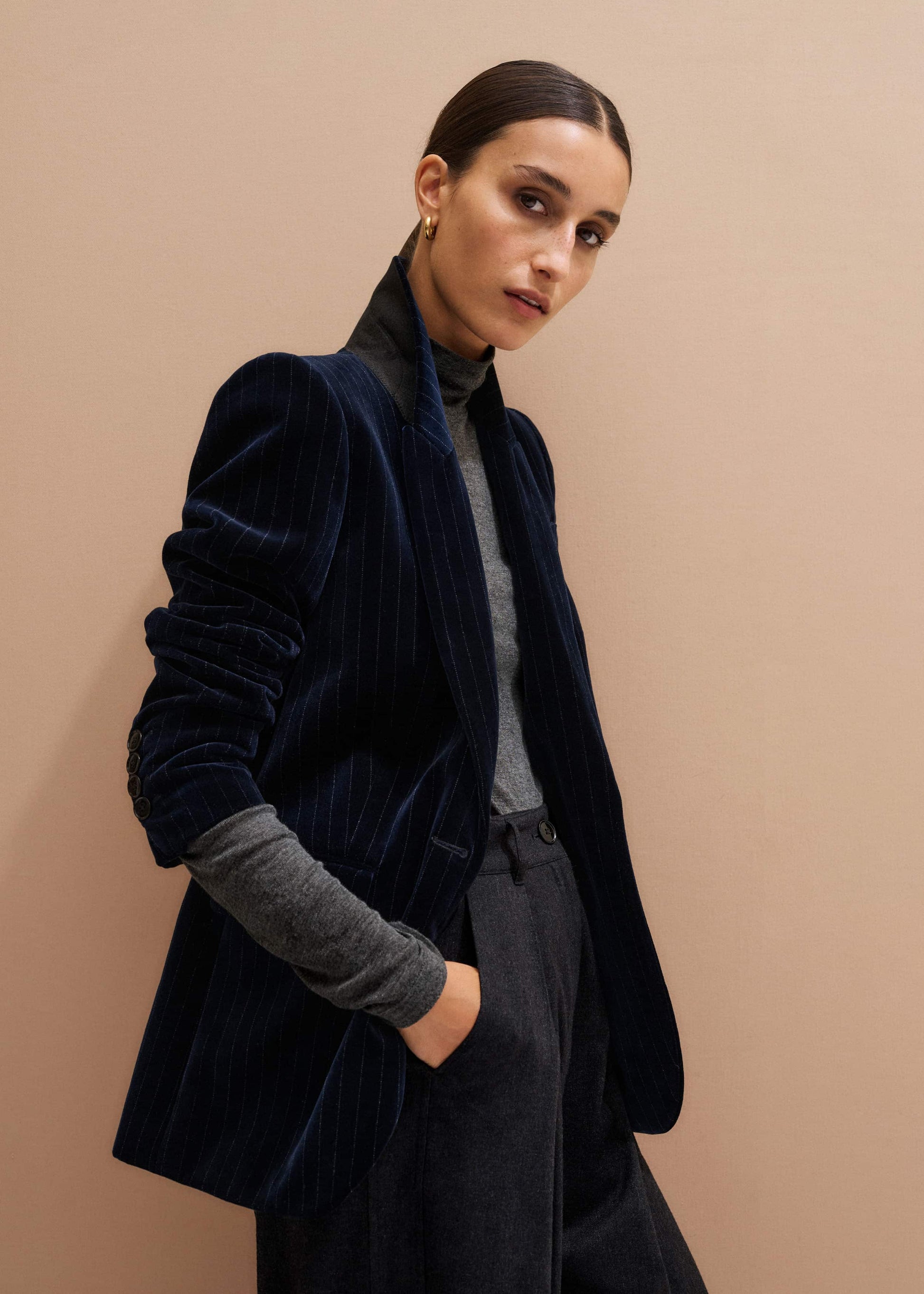 ME and EM Clothing Navy Pinstripe Velvet Sharp Shoulder Blazer