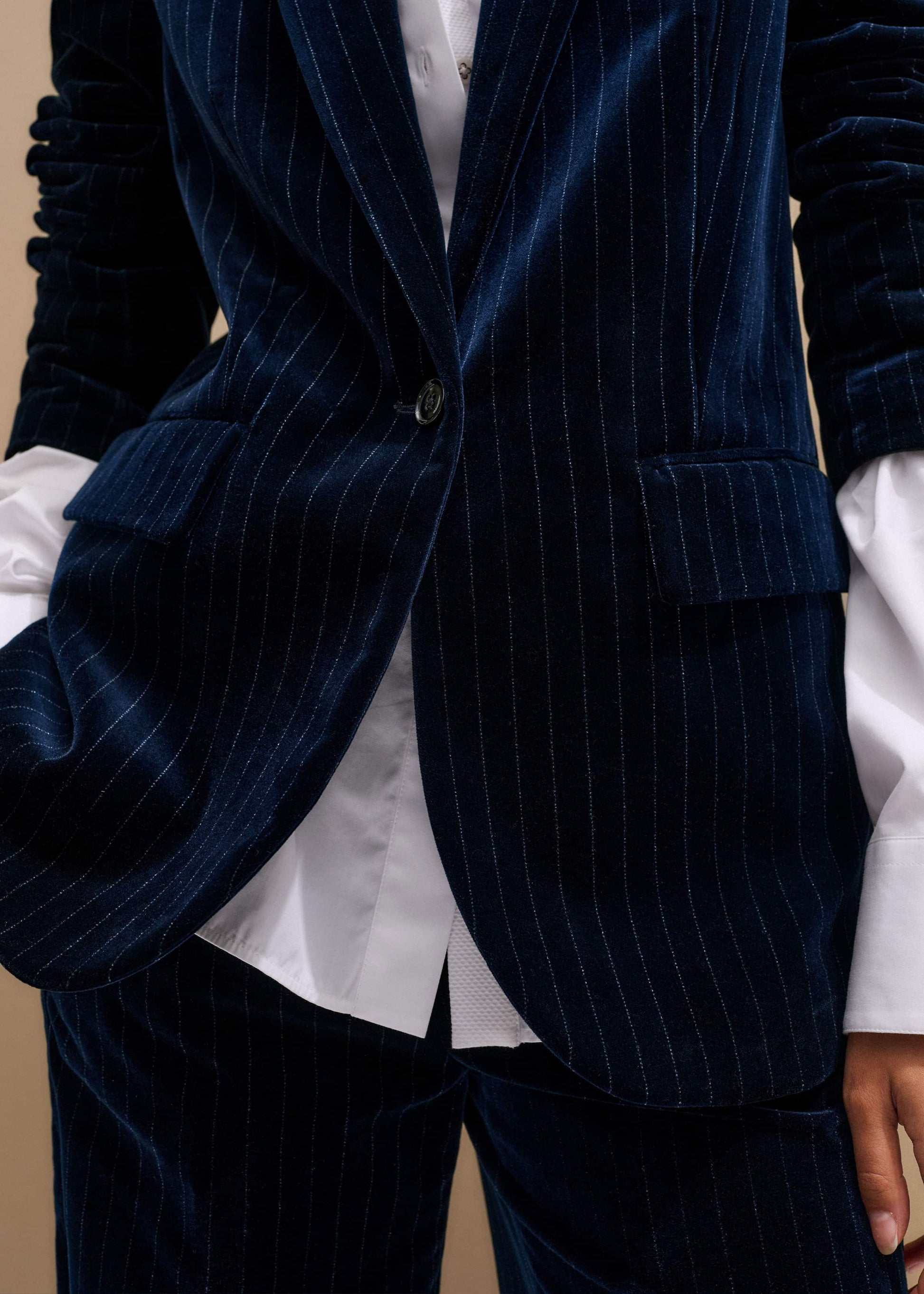 ME and EM Clothing Navy Pinstripe Velvet Sharp Shoulder Blazer