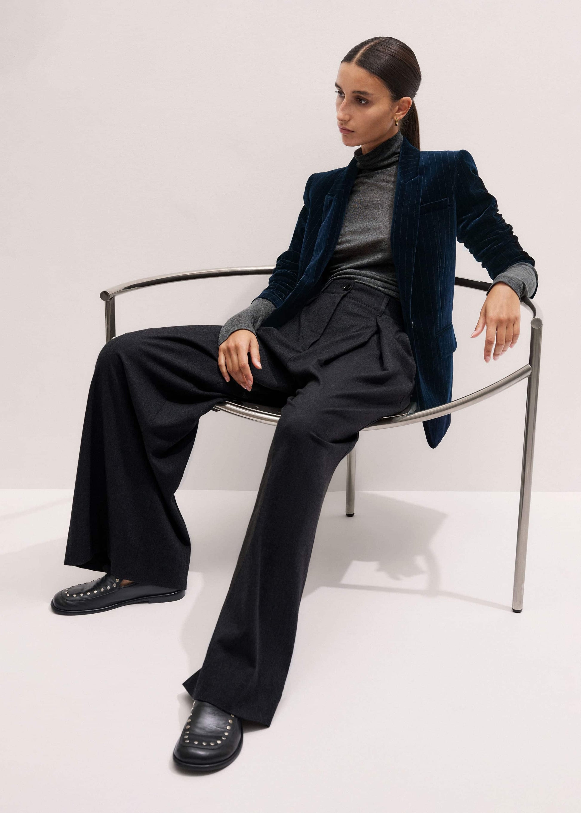ME and EM Clothing Navy Pinstripe Velvet Sharp Shoulder Blazer