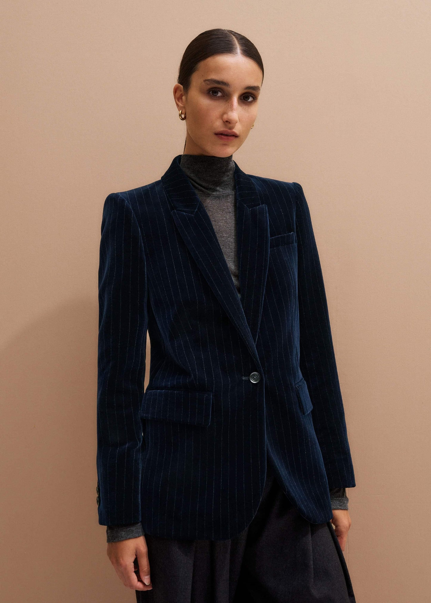 ME and EM Clothing Navy Pinstripe Velvet Sharp Shoulder Blazer