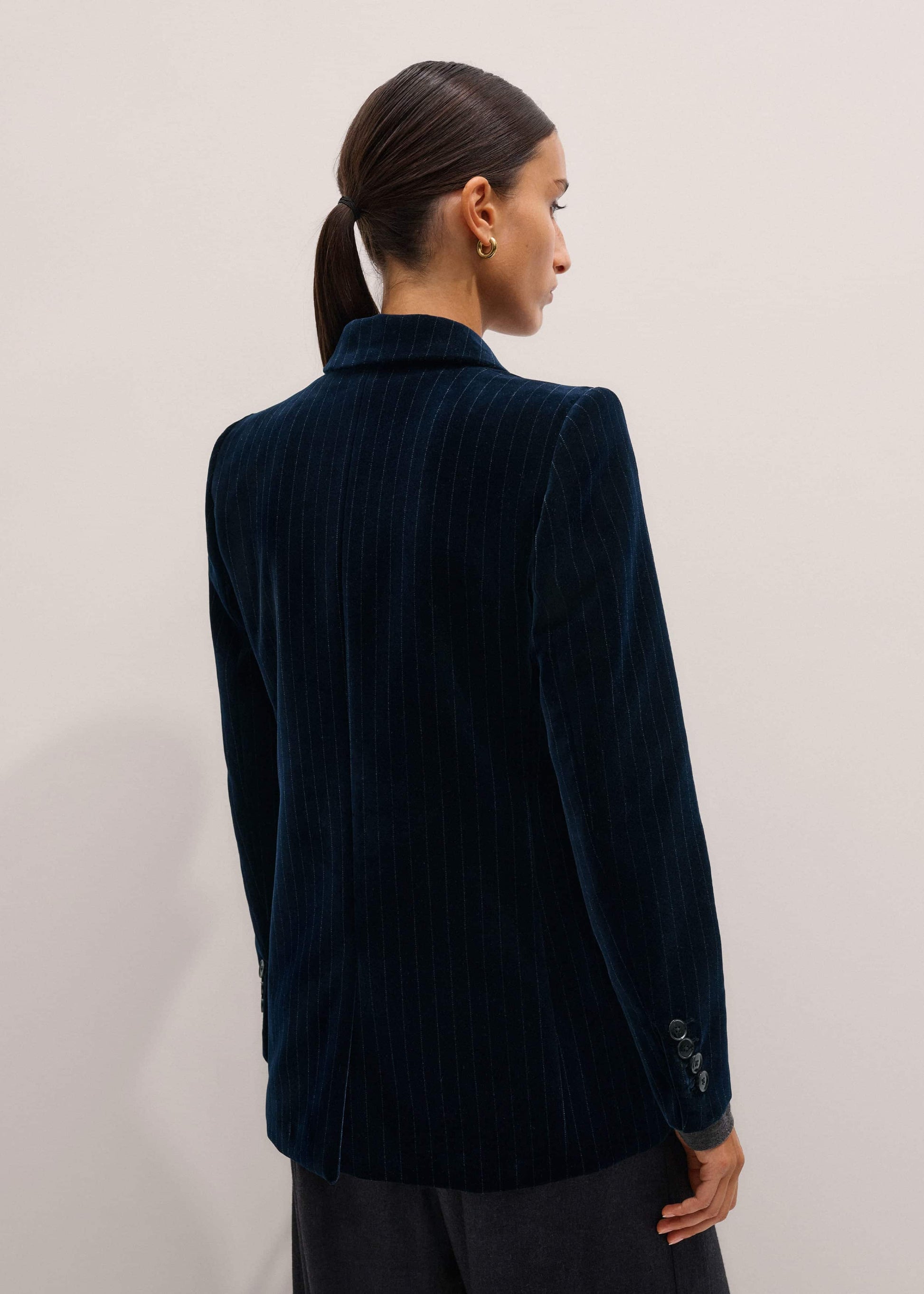 ME and EM Clothing Navy Pinstripe Velvet Sharp Shoulder Blazer