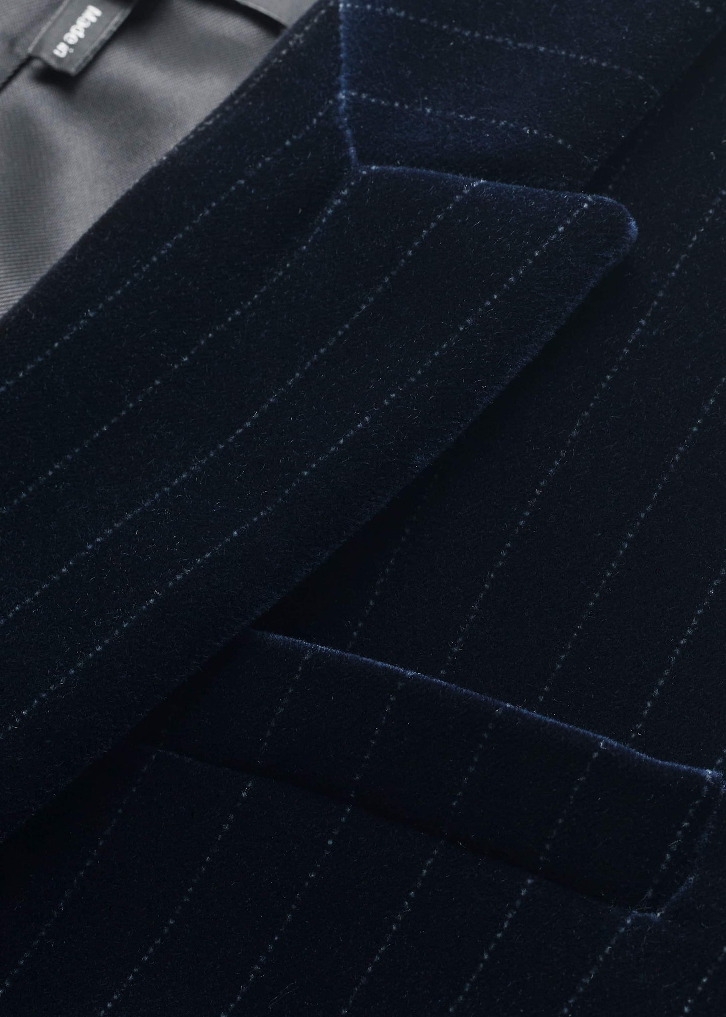 ME and EM Clothing Navy Pinstripe Velvet Sharp Shoulder Blazer