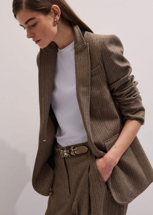 ME and EM Clothing Mocha Brown Pinstripe Sharp Shoulder Blazer