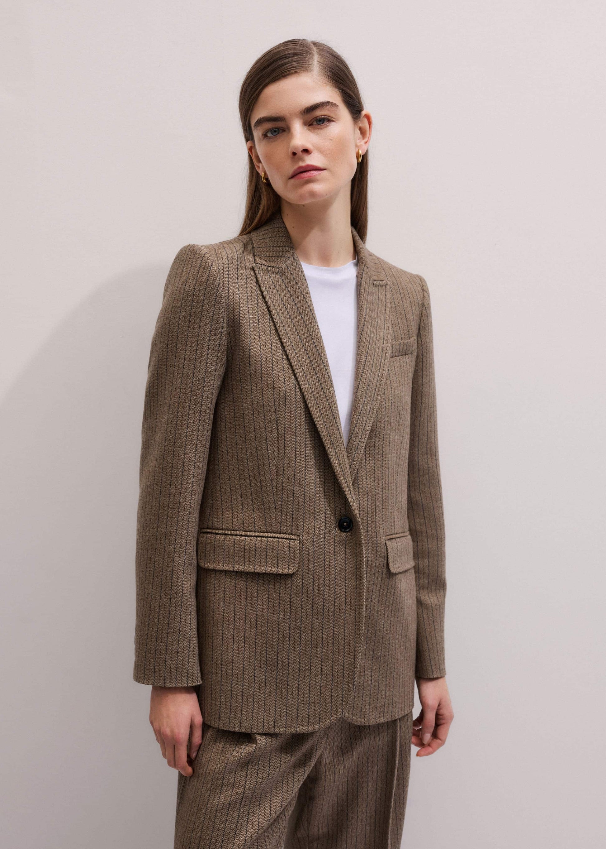 ME and EM Clothing Mocha Brown Pinstripe Sharp Shoulder Blazer
