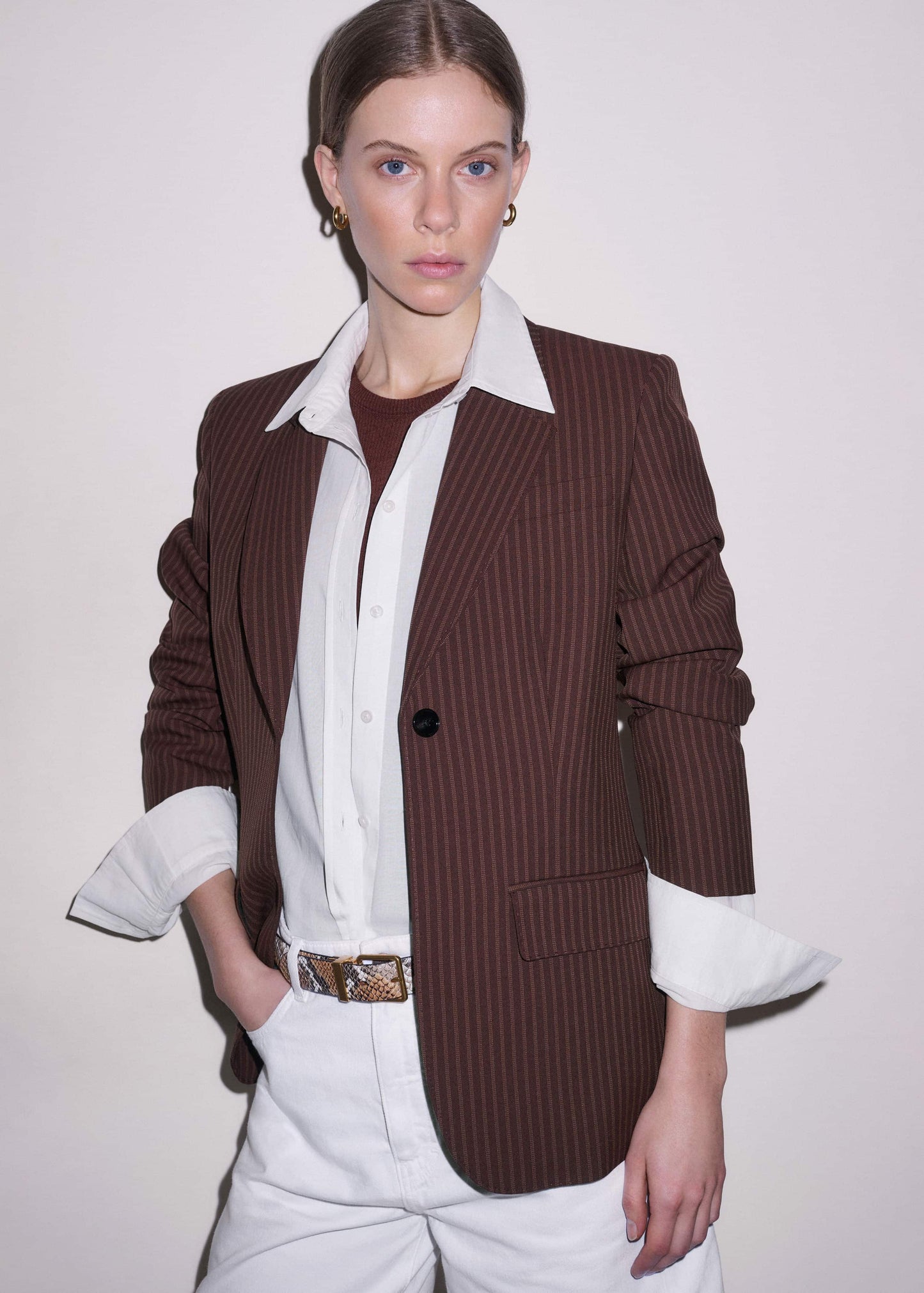 ME and EM Clothing Cinnamon Pinstripe Sharp Shoulder Contour Blazer