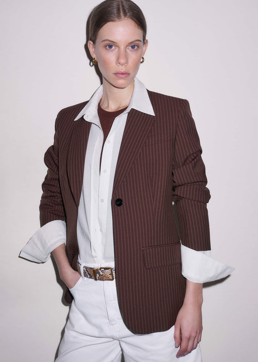 ME and EM Clothing Cinnamon Pinstripe Sharp Shoulder Contour Blazer