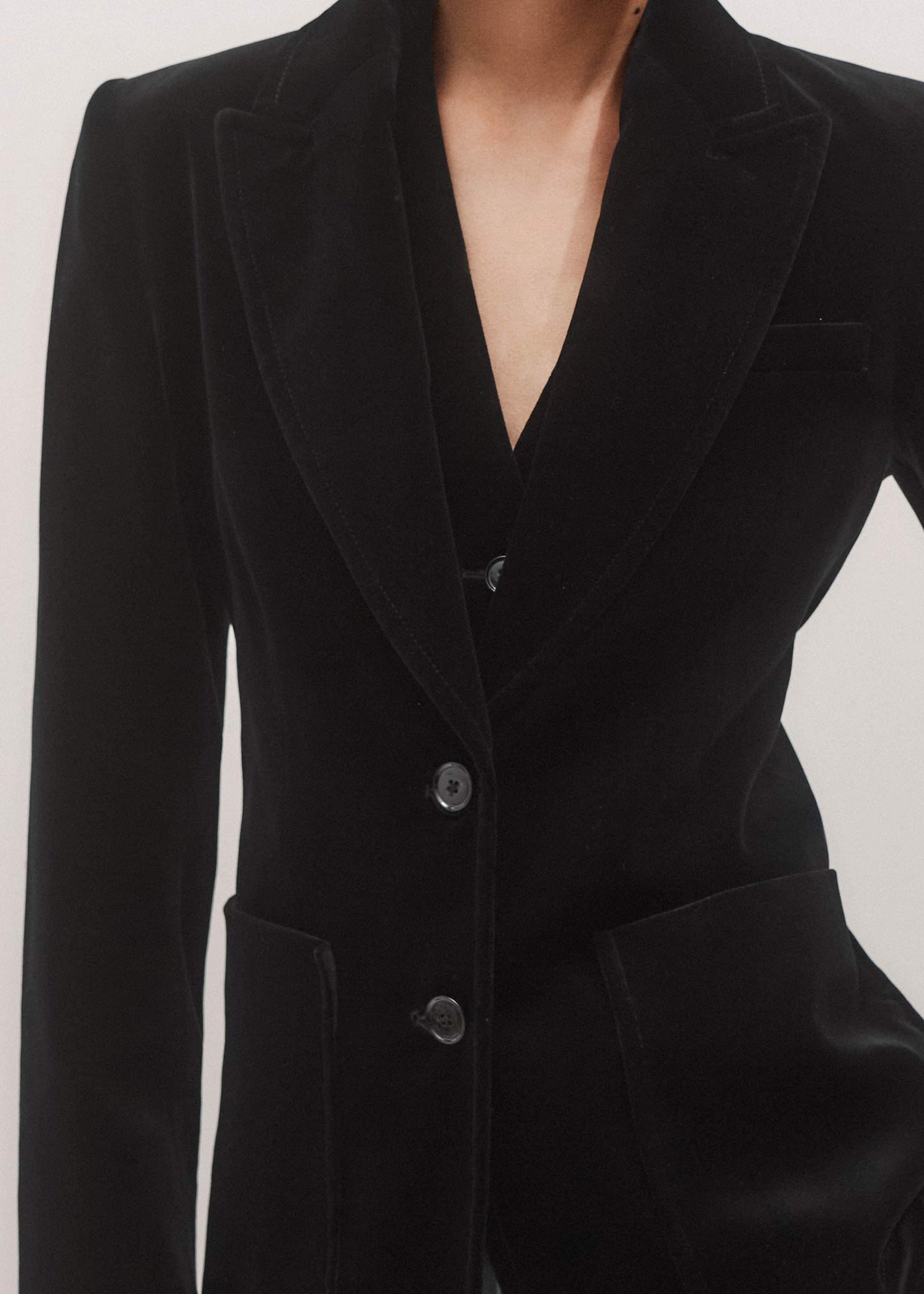 ME and EM Clothing Black Stretch Velvet Sharp Shoulder Blazer