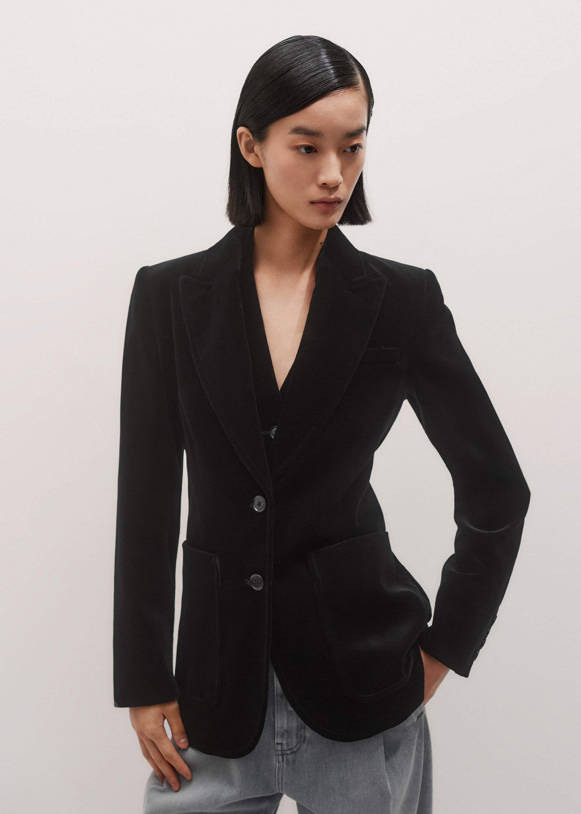 ME and EM Clothing Black Stretch Velvet Sharp Shoulder Blazer