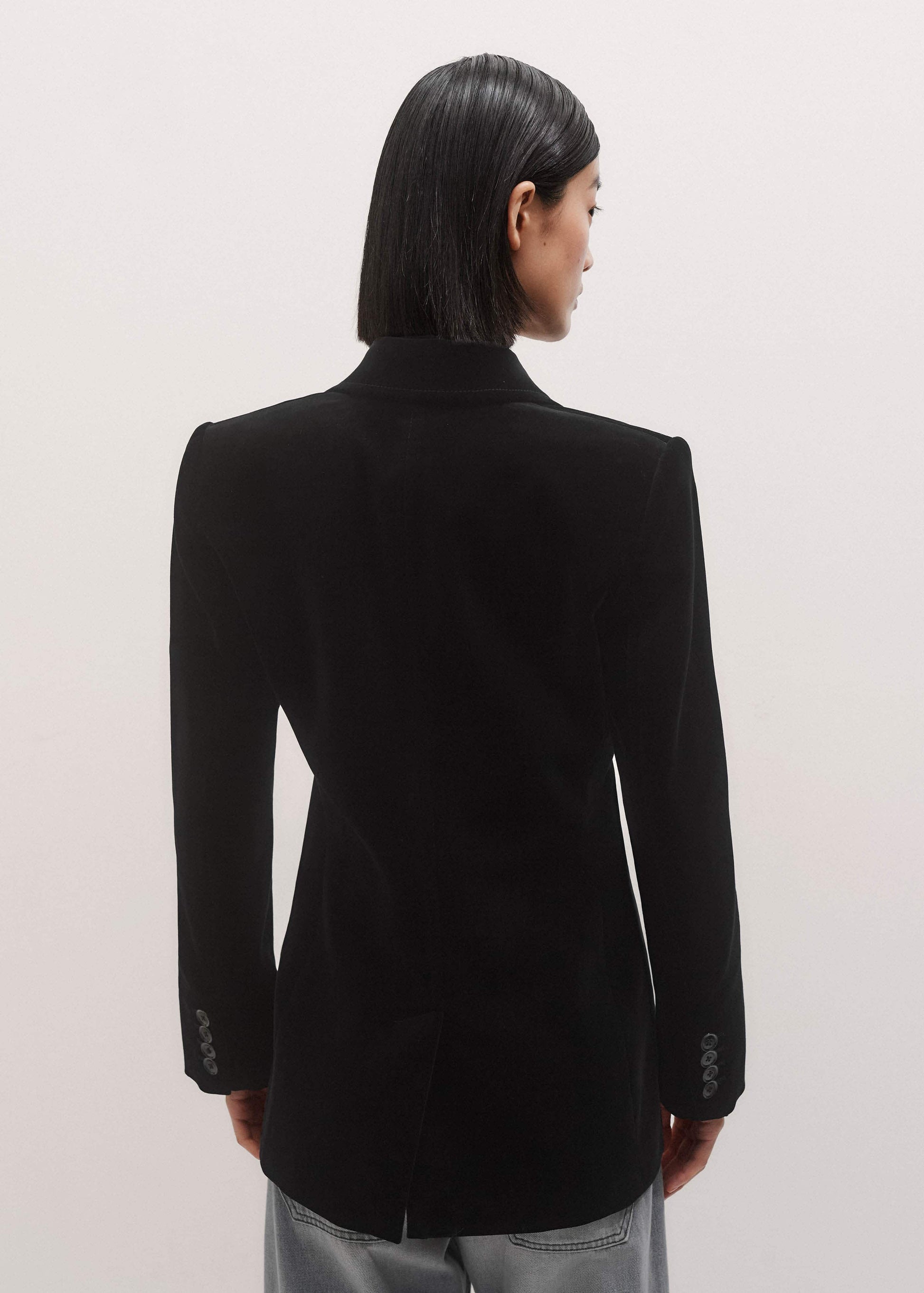ME and EM Clothing Black Stretch Velvet Sharp Shoulder Blazer