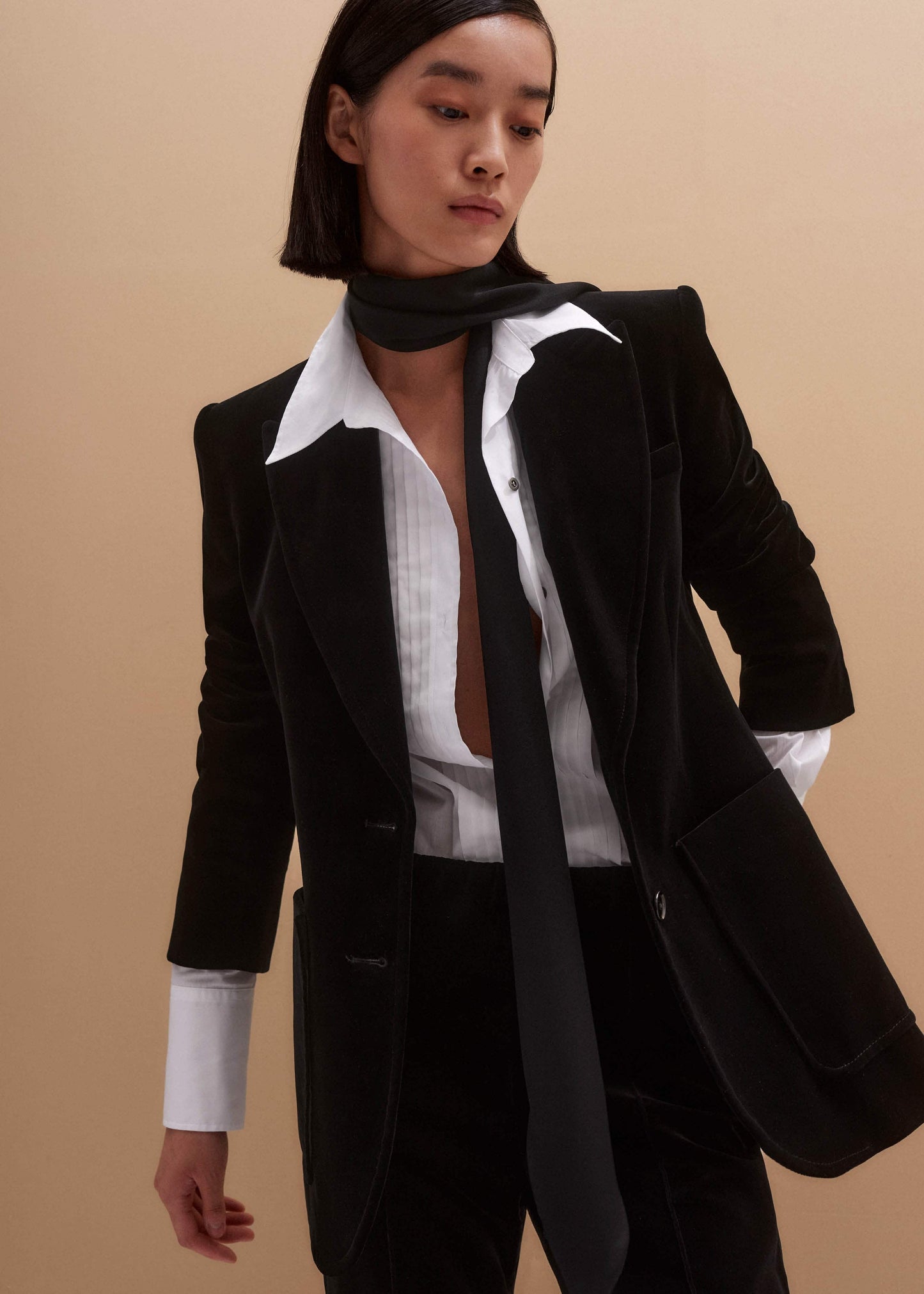 ME and EM Clothing Black Stretch Velvet Sharp Shoulder Blazer