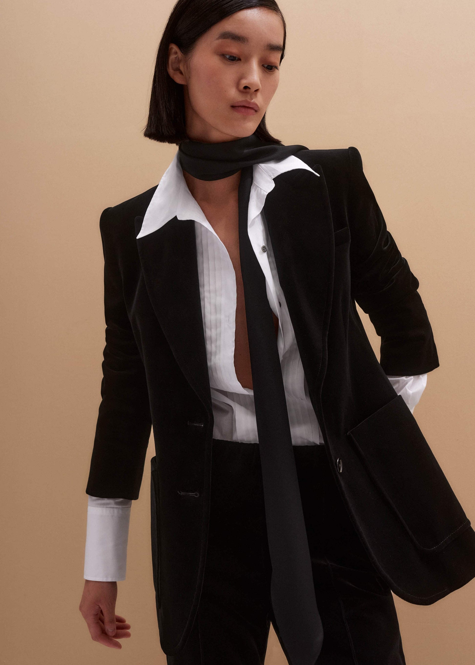 ME and EM Clothing Black Stretch Velvet Sharp Shoulder Blazer