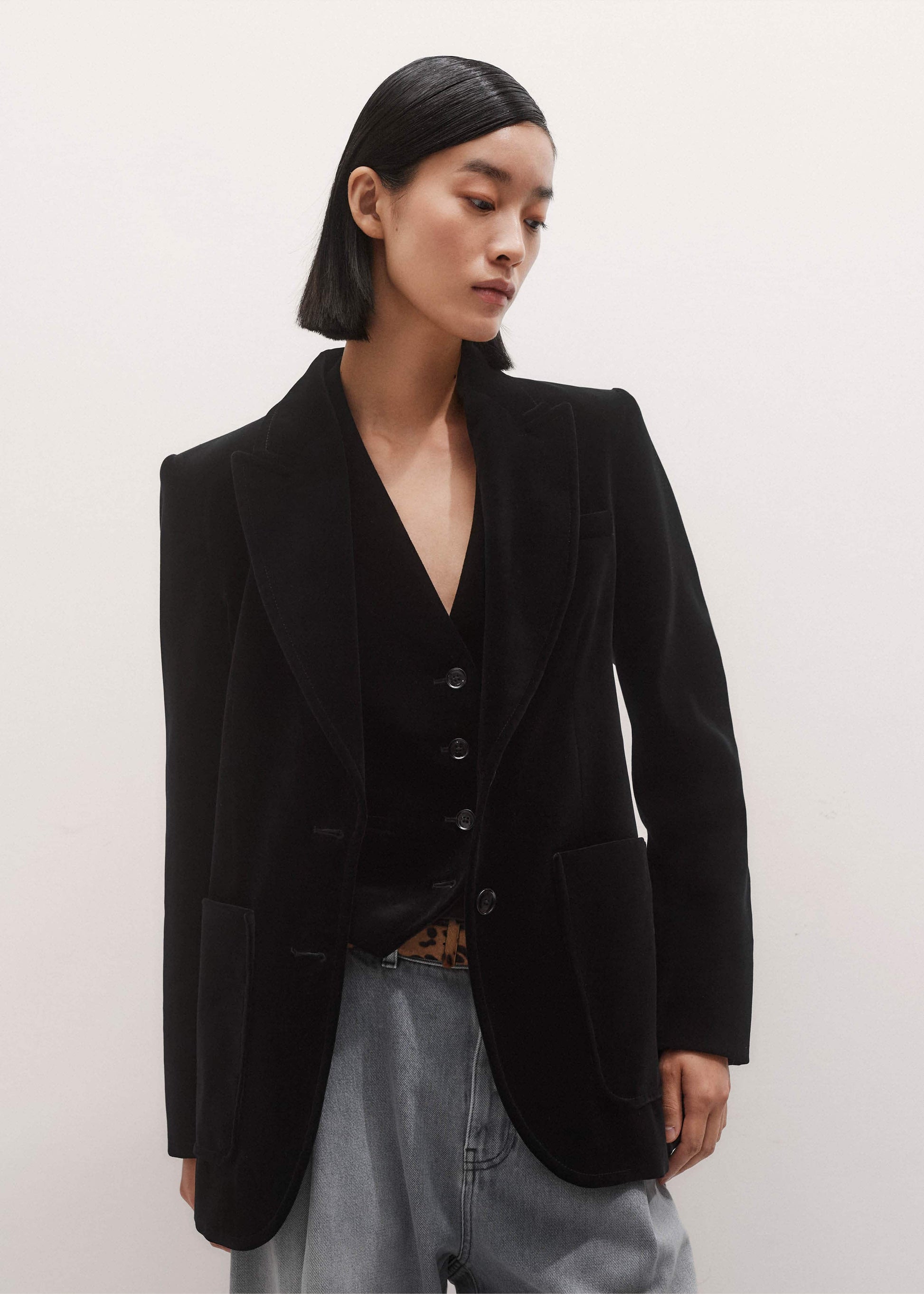 ME and EM Clothing Black Stretch Velvet Sharp Shoulder Blazer