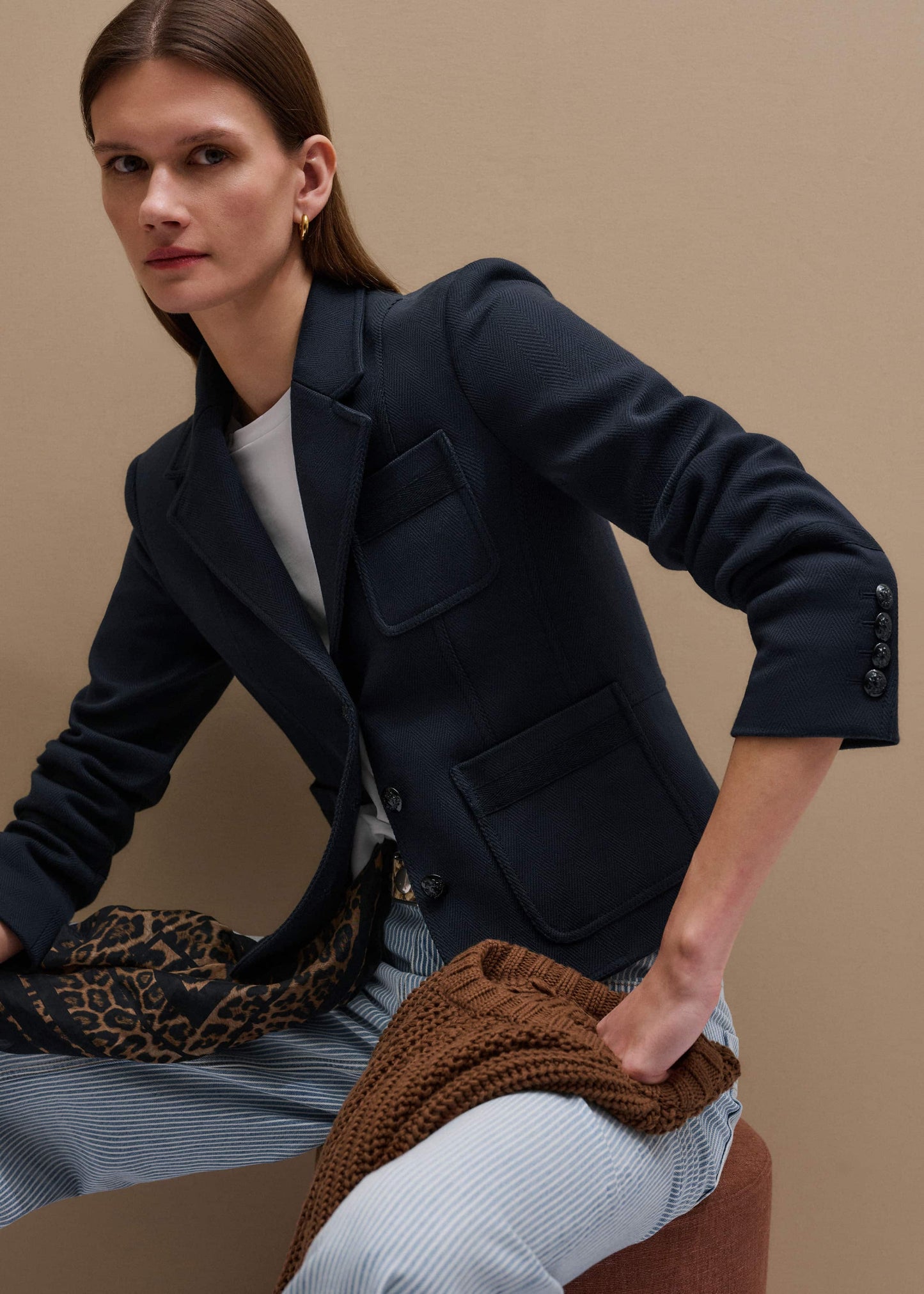 ME and EM Clothing Navy Herringbone Fitted Crop Jacket