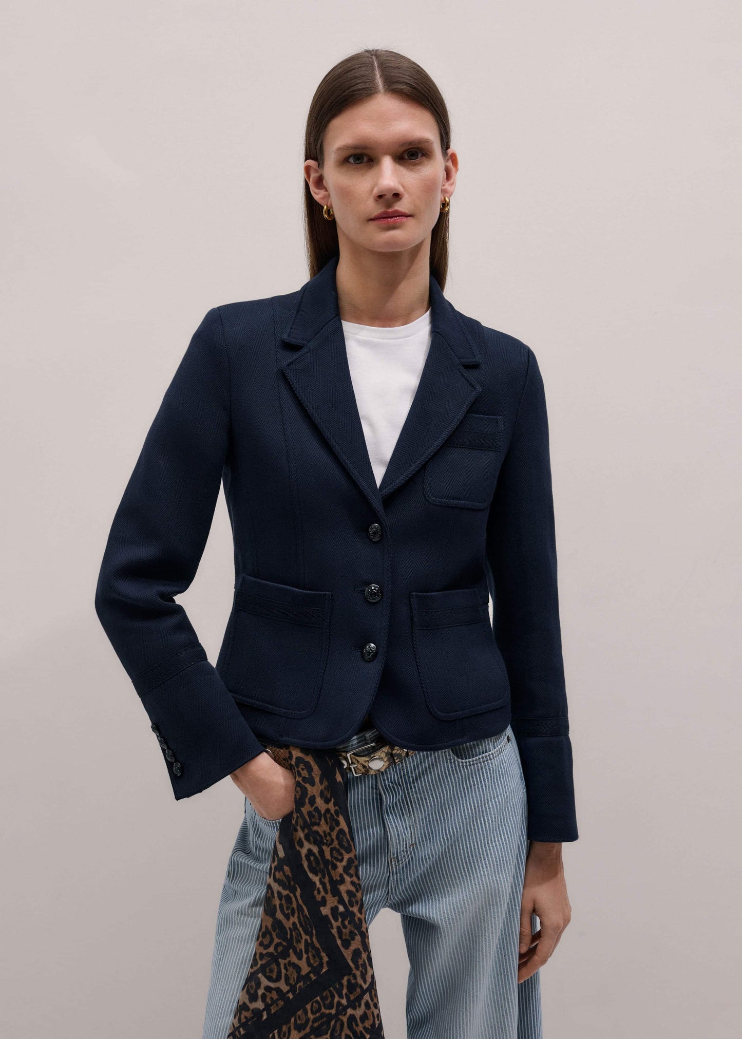 ME and EM Clothing Navy Herringbone Fitted Crop Jacket