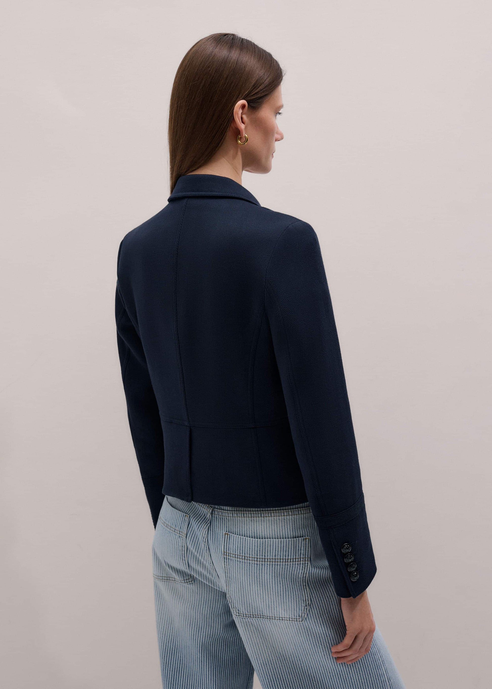 ME and EM Clothing Navy Herringbone Fitted Crop Jacket