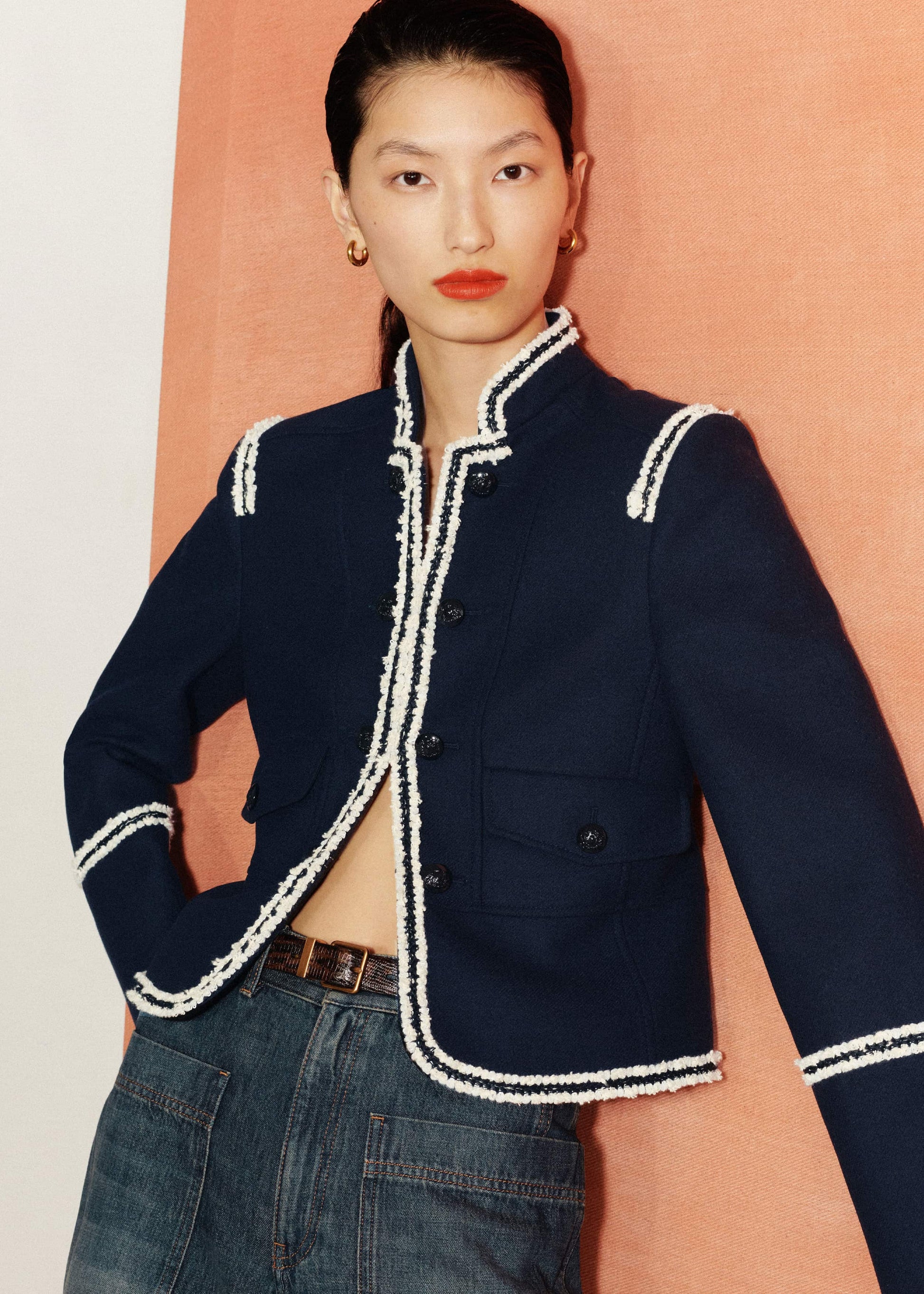ME and EM Clothing Navy Bold Braid Short Fitted Jacket