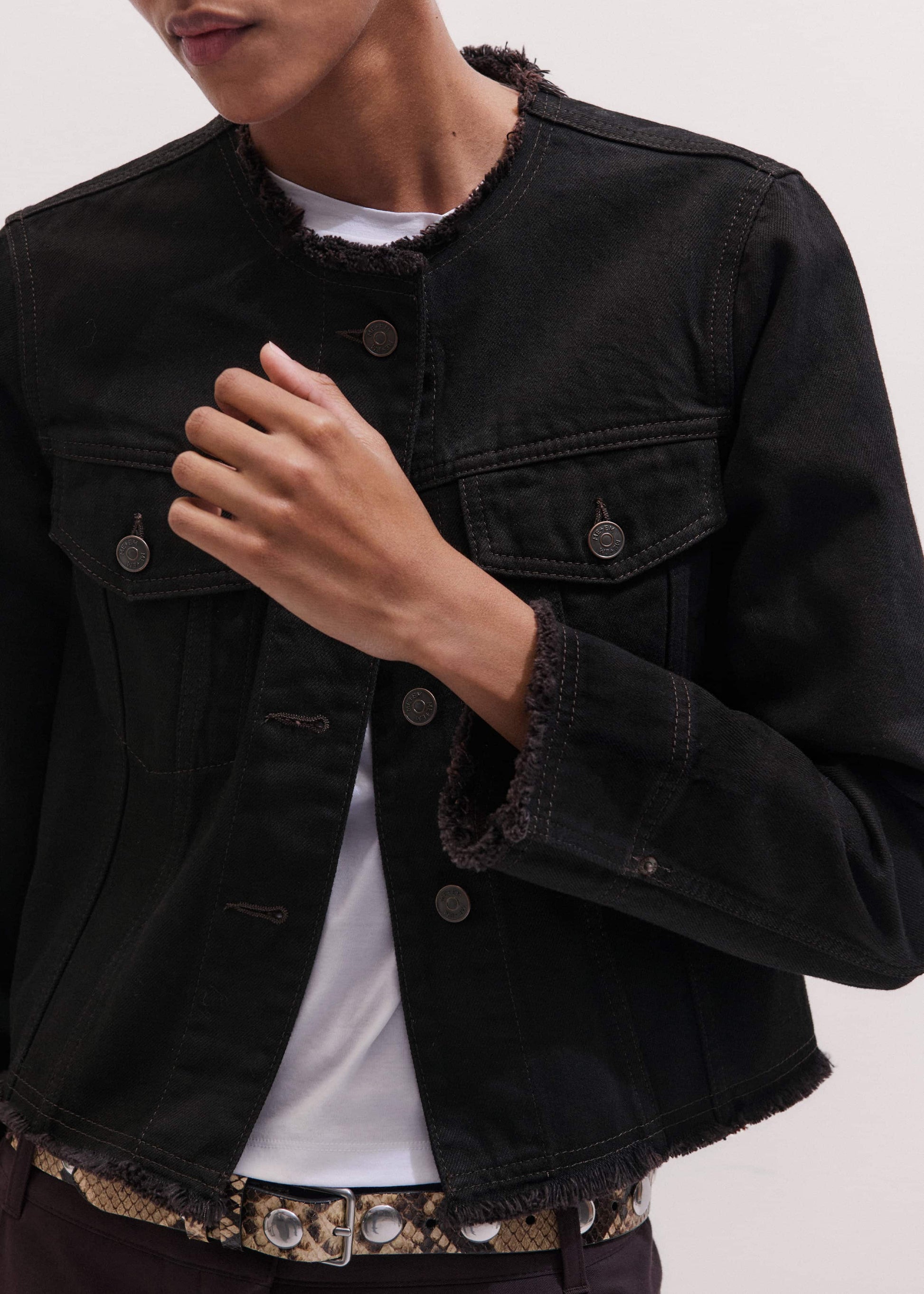 ME and EM Clothing Black Collarless Fray Jacket