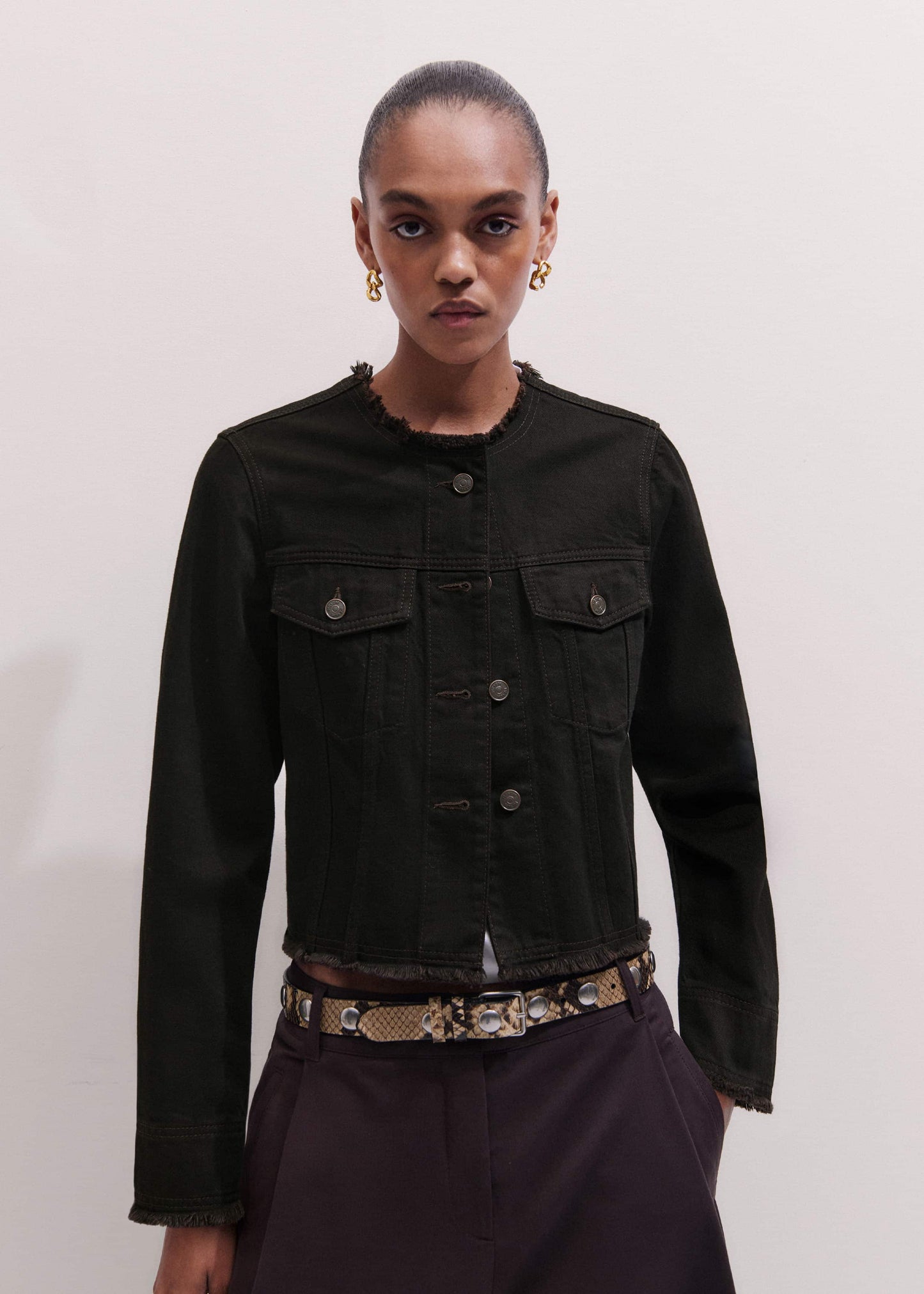 ME and EM Clothing Black Collarless Fray Jacket