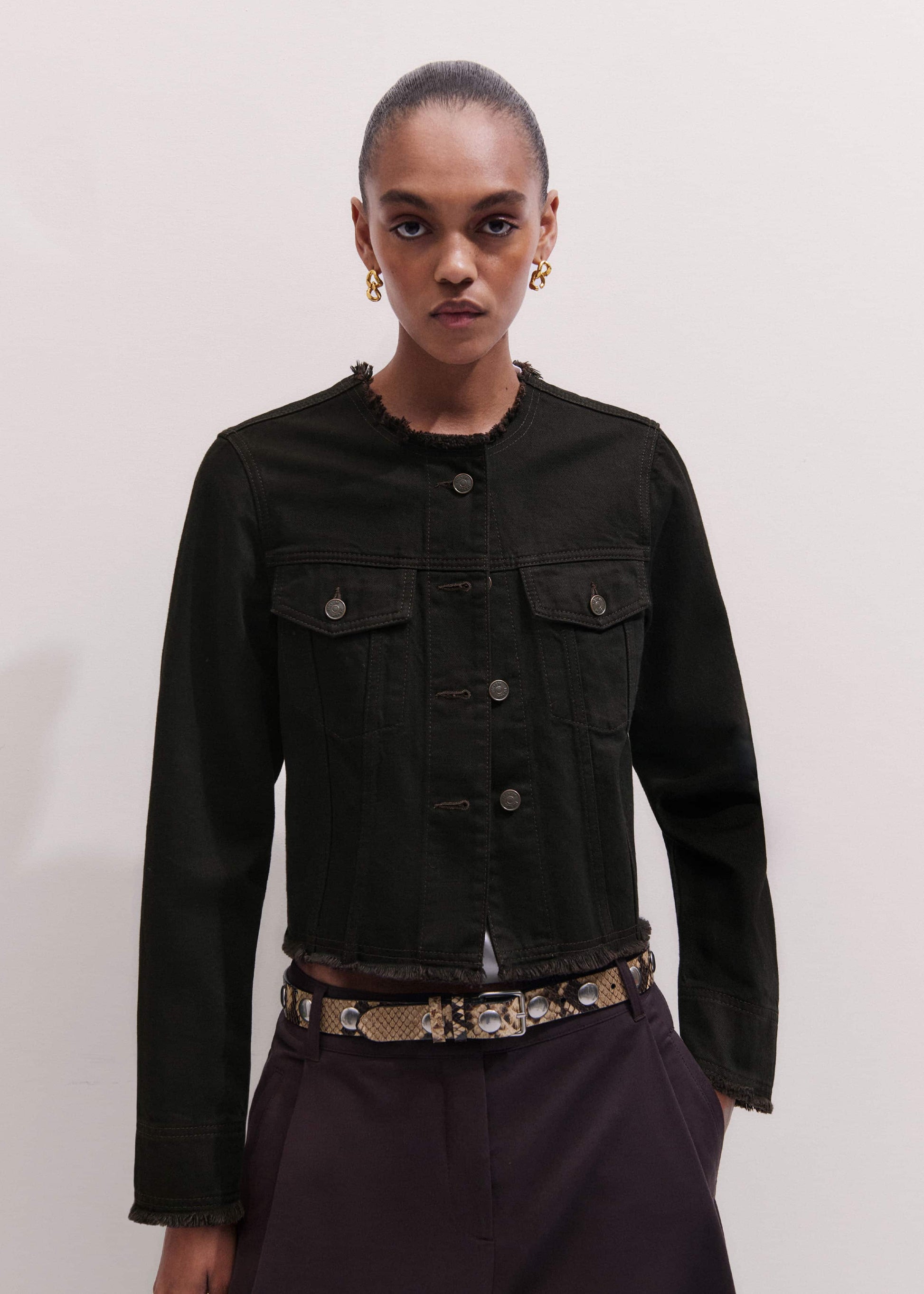 ME and EM Clothing Black Collarless Fray Jacket