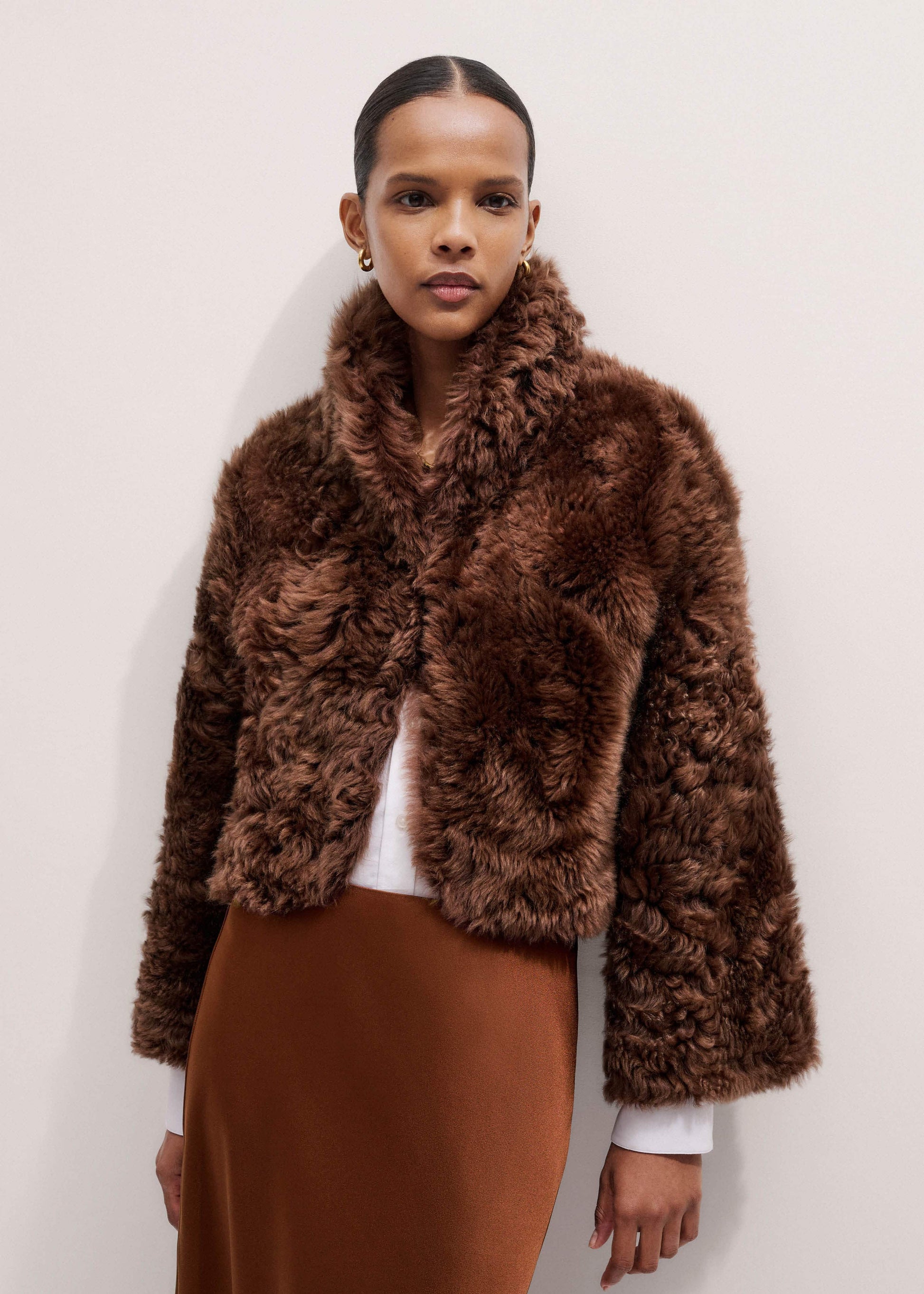 ME and EM Clothing Brown Luxe Shearling Evening Crop Jacket