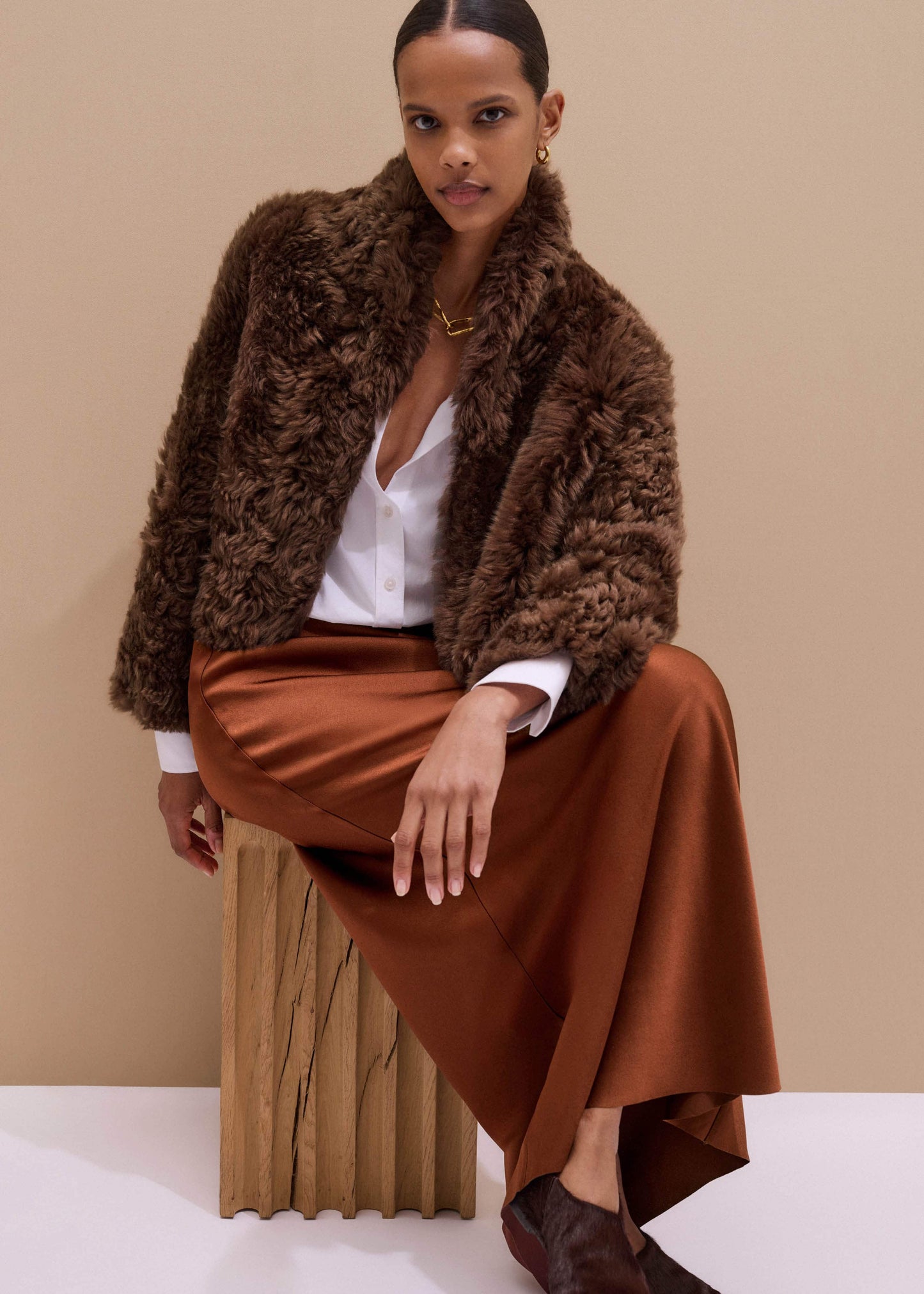 ME and EM Clothing Brown Luxe Shearling Evening Crop Jacket