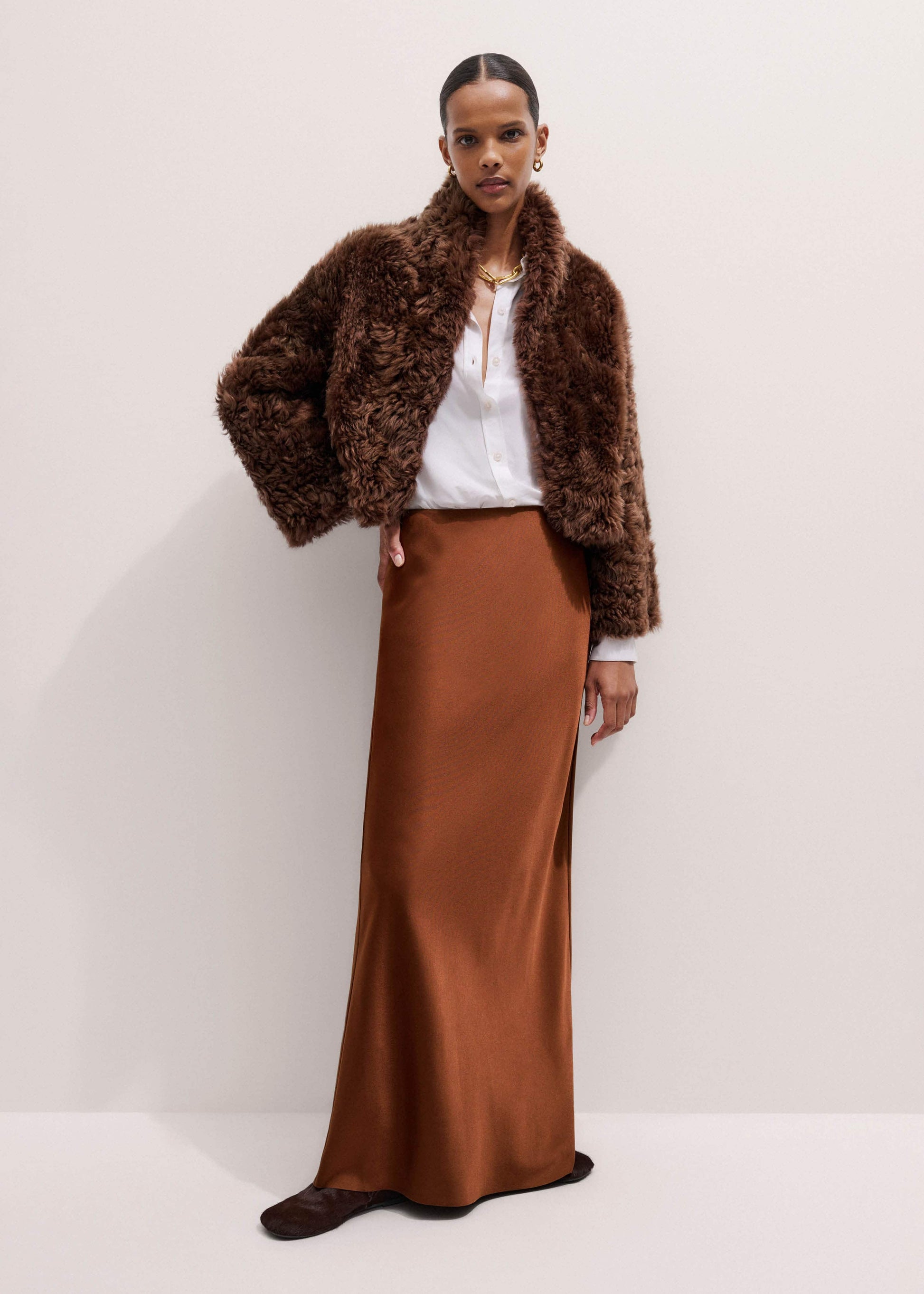 ME and EM Clothing Brown Luxe Shearling Evening Crop Jacket