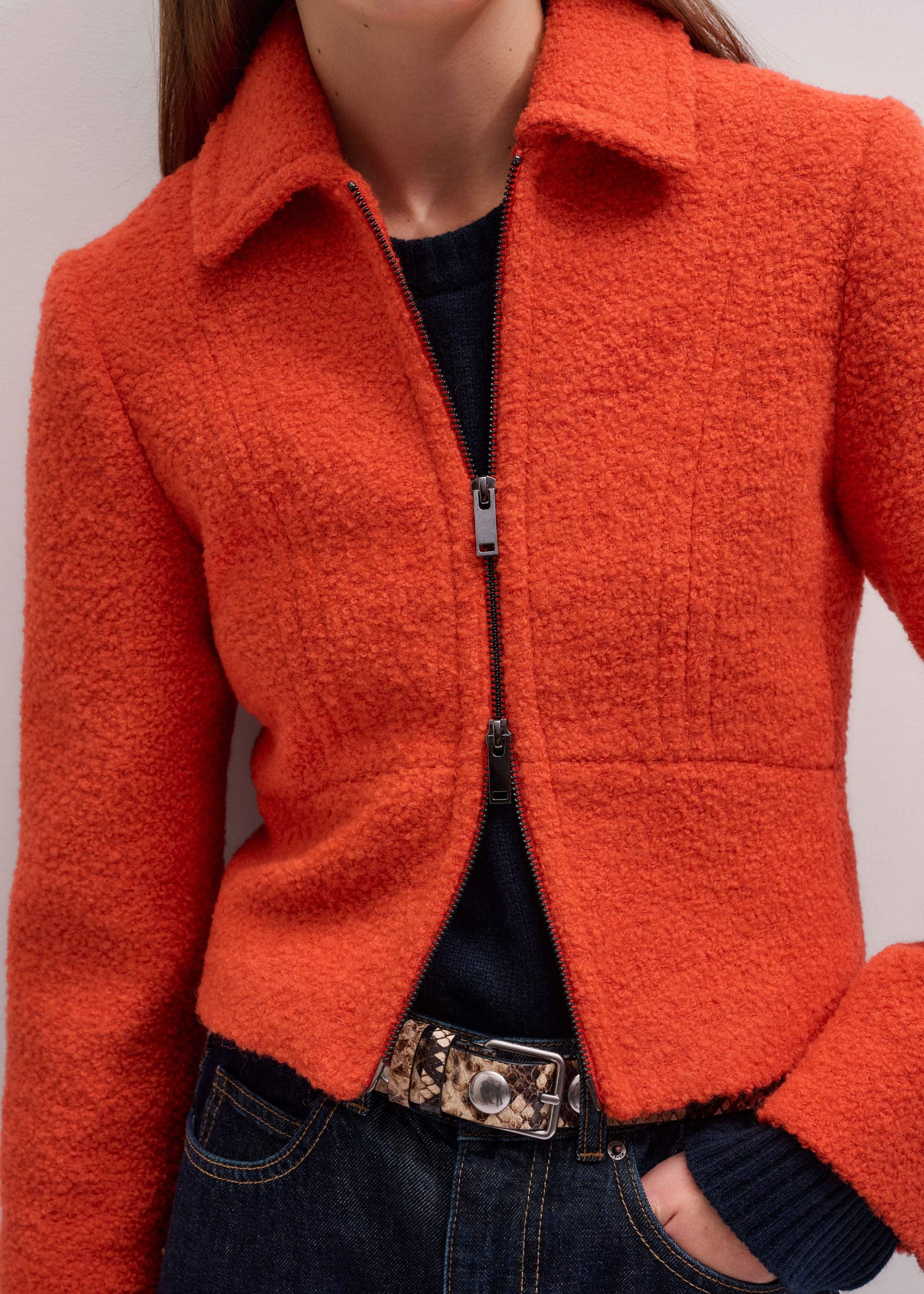 ME and EM Clothing Orange Cropped Bouclé Jacket