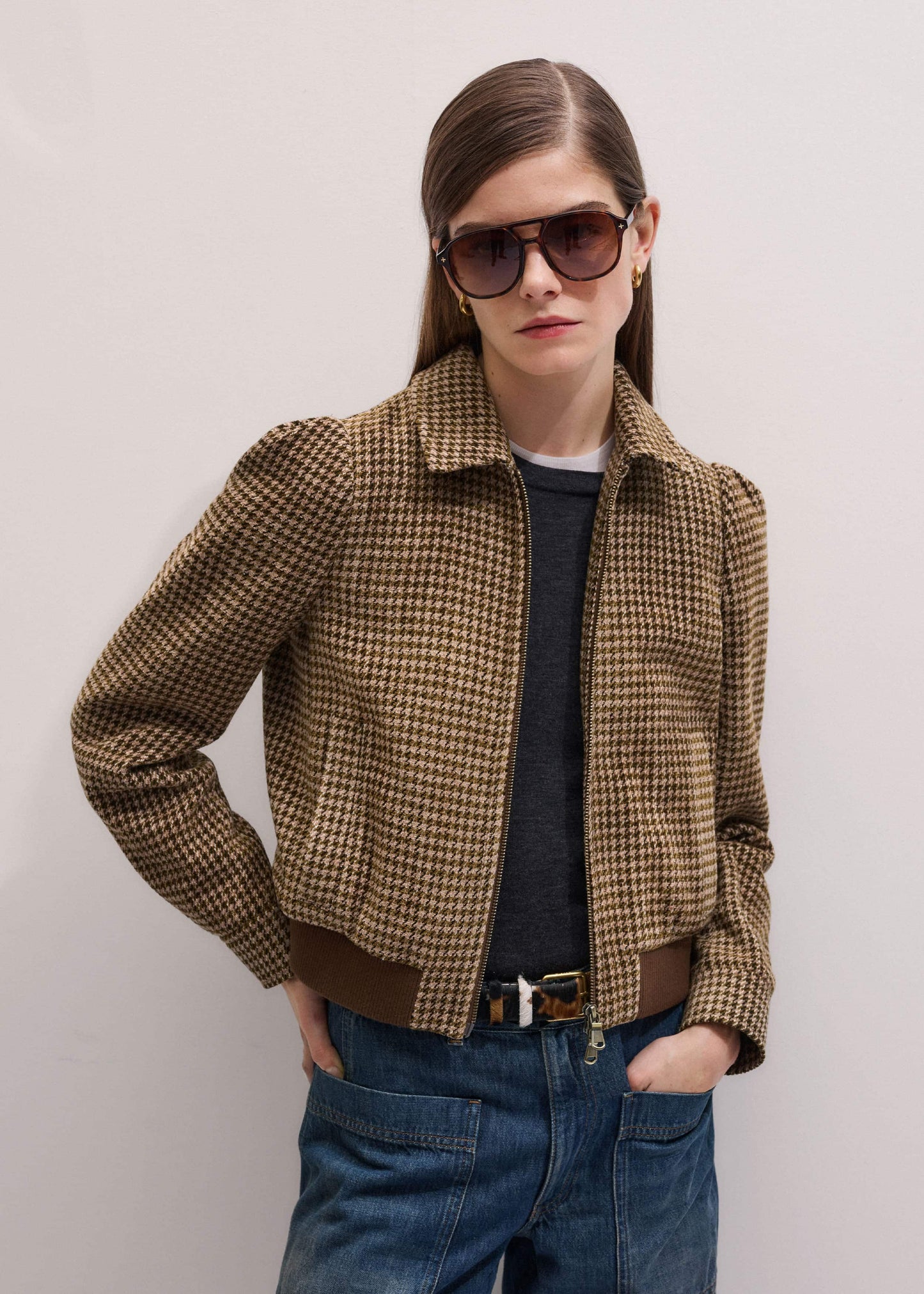ME and EM Clothing Brown Super Soft Houndstooth Bomber Jacket
