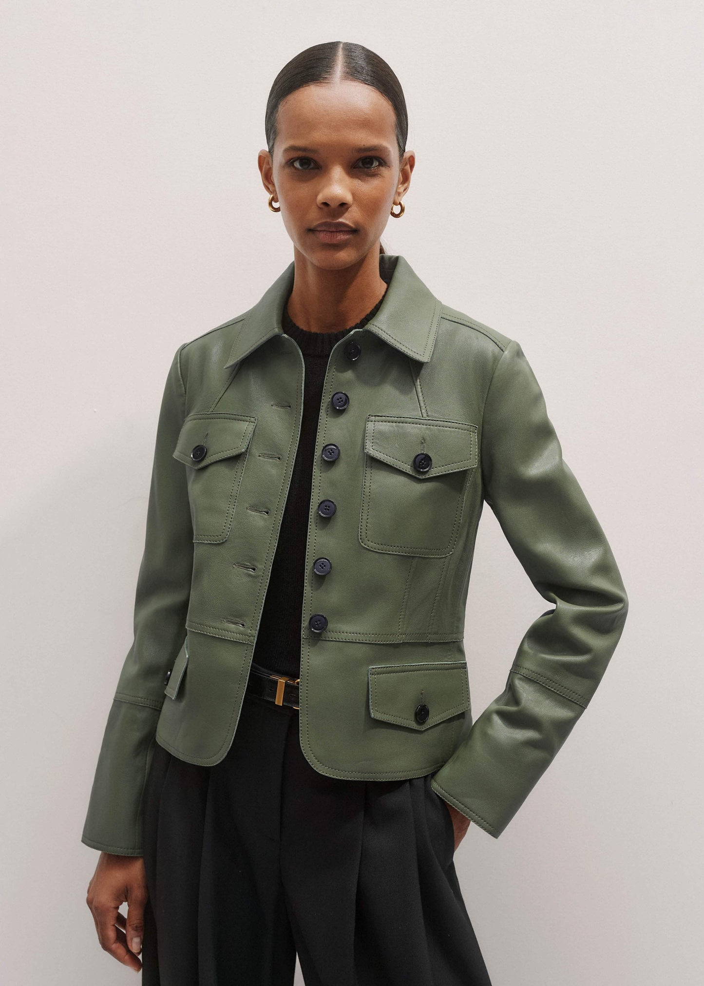 ME and EM Clothing Green Washed Leather Fitted Utility Jacket