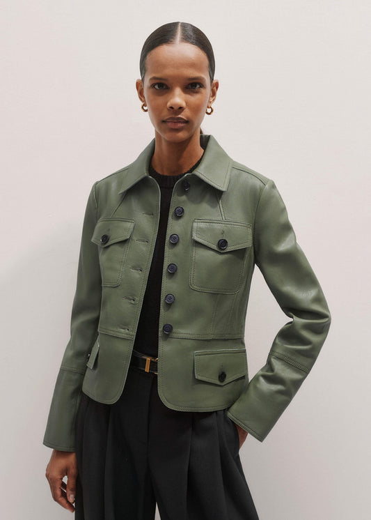 ME and EM Clothing Green Washed Leather Fitted Utility Jacket