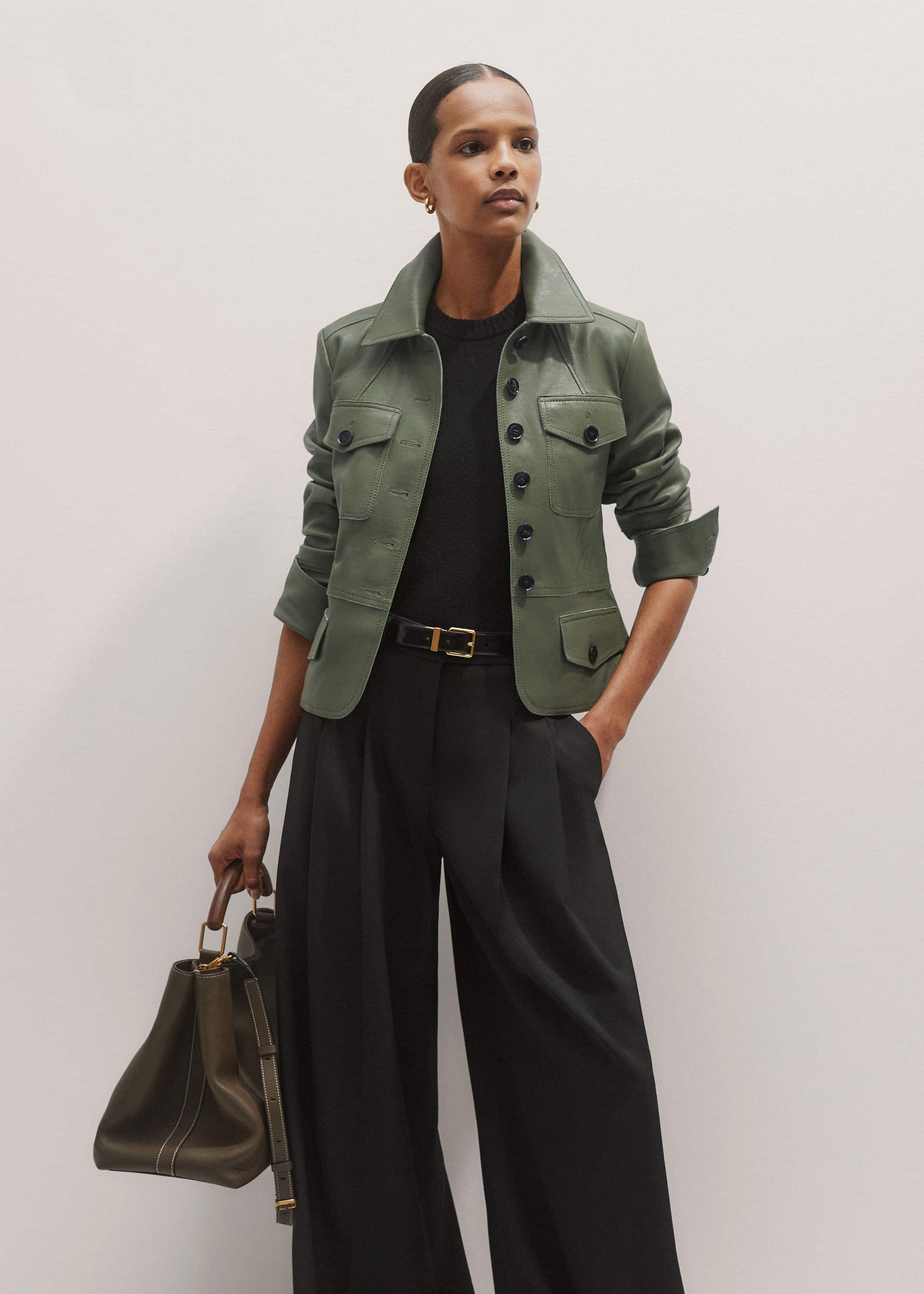 ME and EM Clothing Green Washed Leather Fitted Utility Jacket