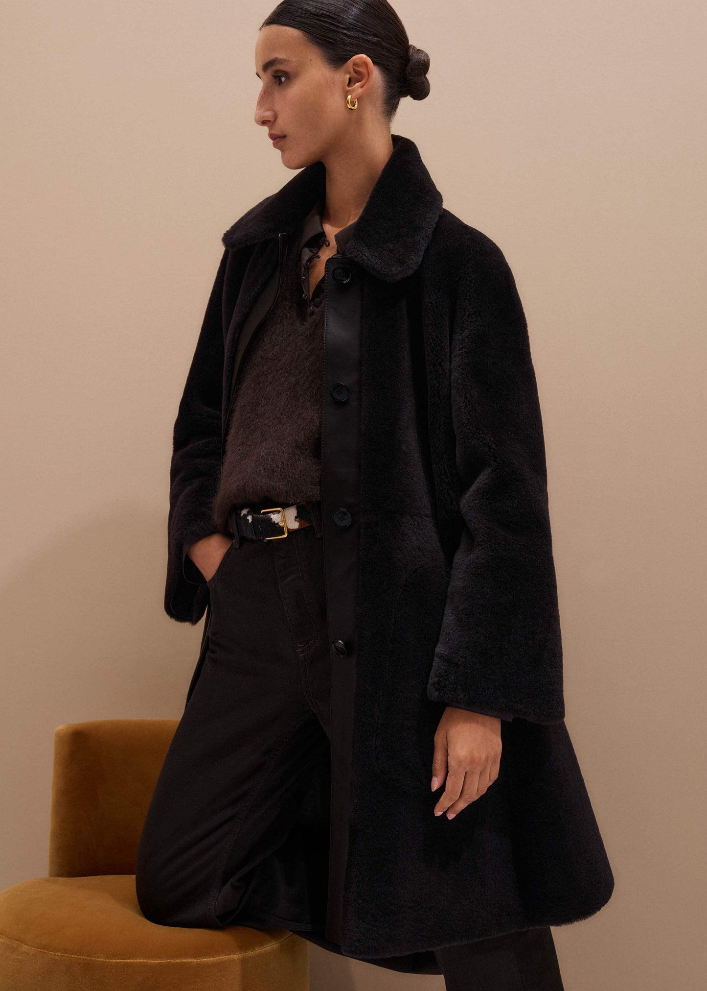ME and EM Clothing Brown Luxe Shearling Leather Mix Swing Coat
