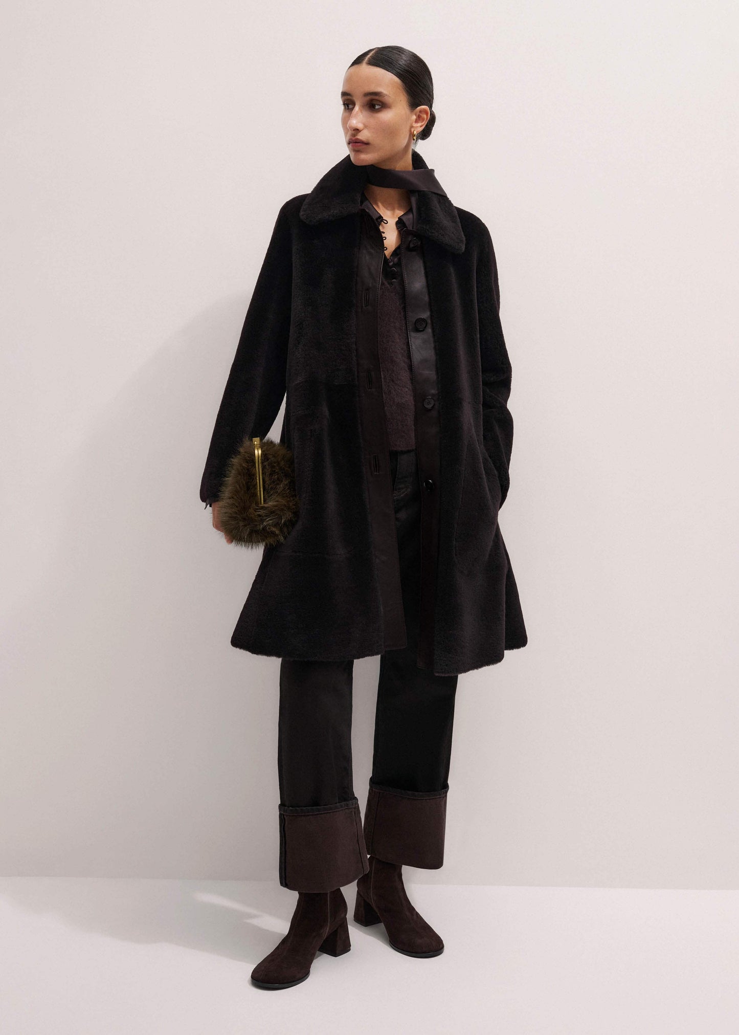 ME and EM Clothing Brown Luxe Shearling Leather Mix Swing Coat