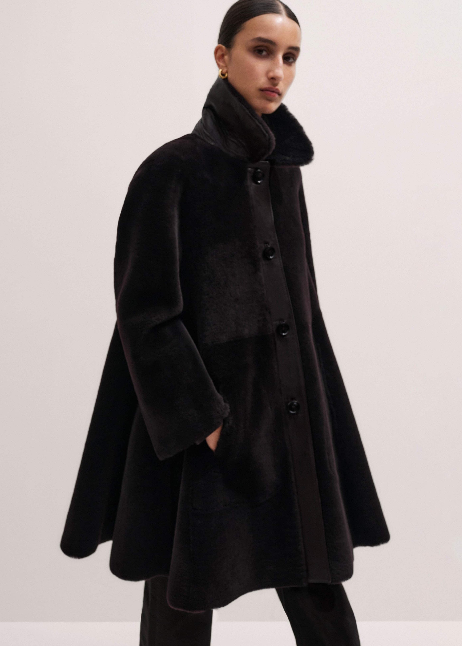 ME and EM Clothing Brown Luxe Shearling Leather Mix Swing Coat