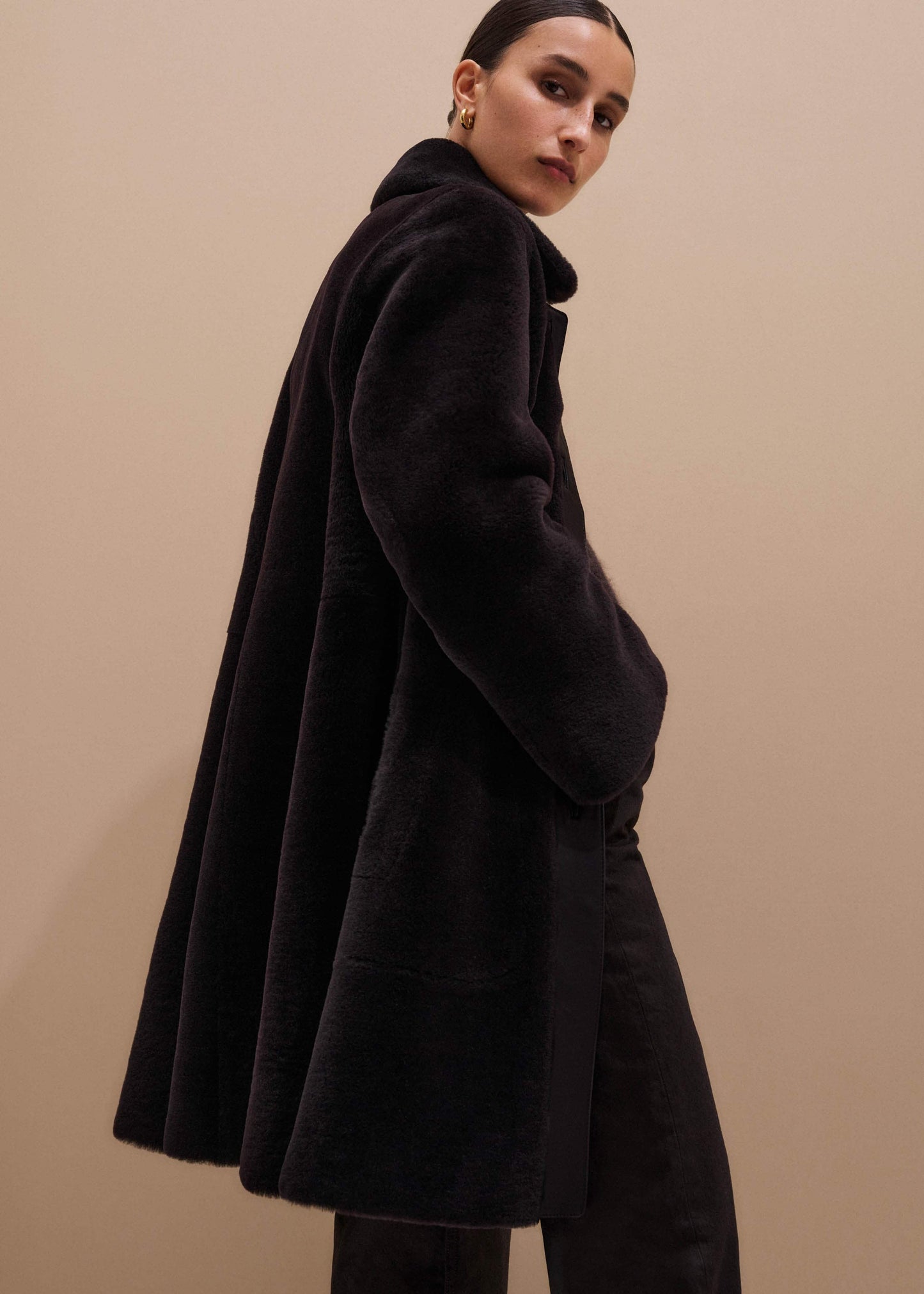 ME and EM Clothing Brown Luxe Shearling Leather Mix Swing Coat