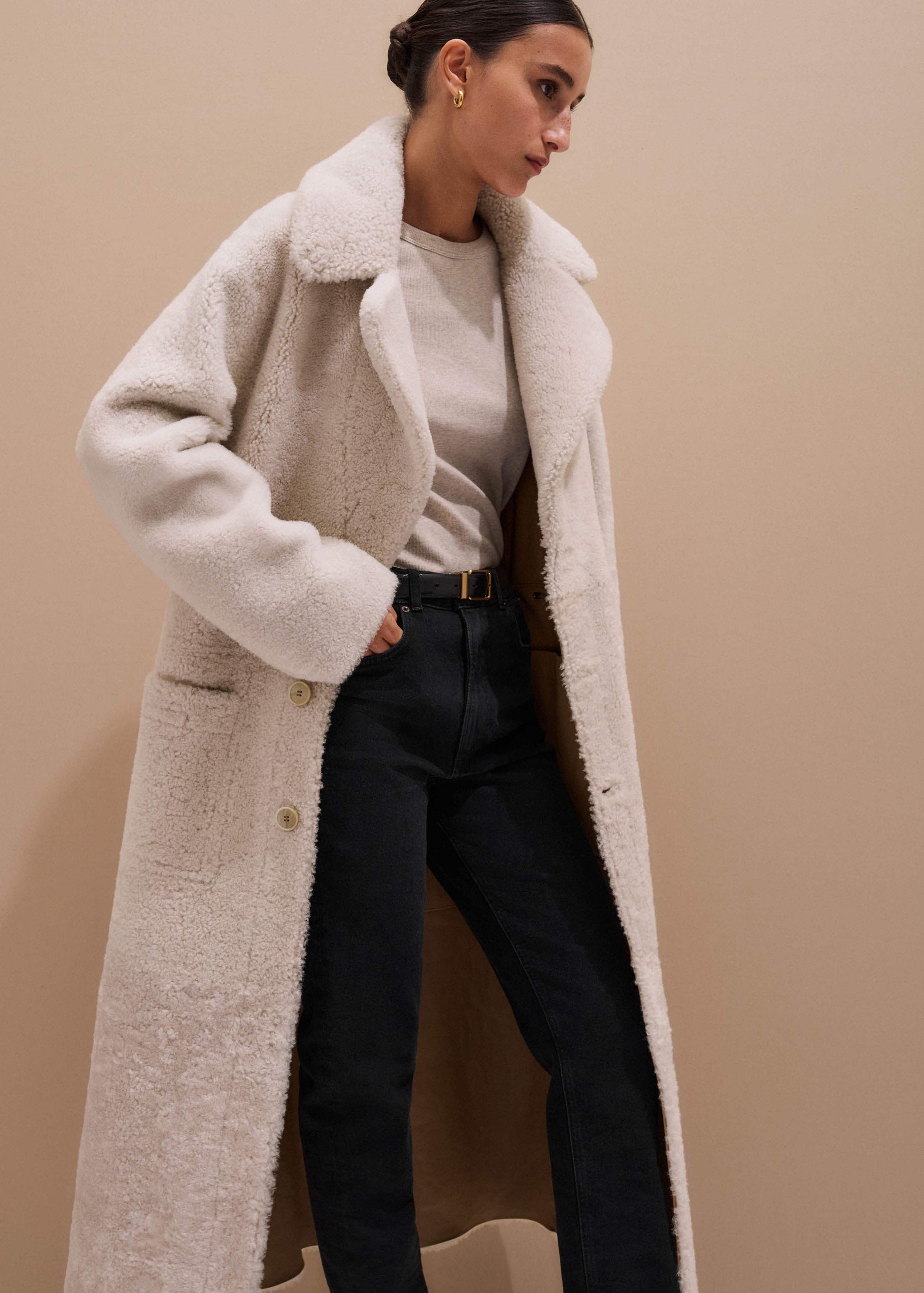 ME and EM Clothing Cream Reversible Shearling Coat + Belt