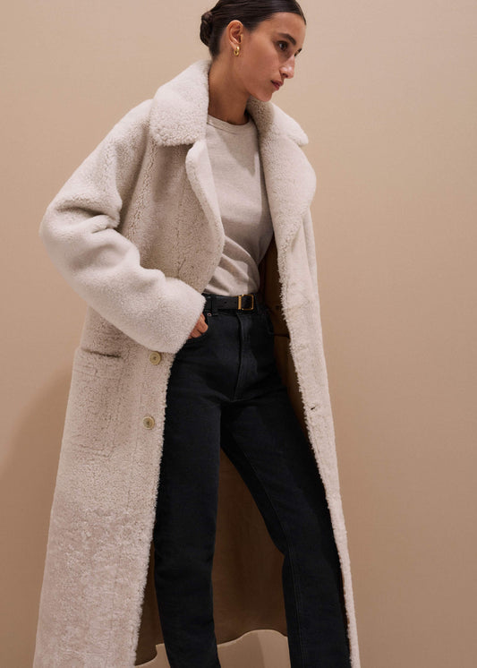 ME and EM Clothing Cream Reversible Shearling Coat + Belt