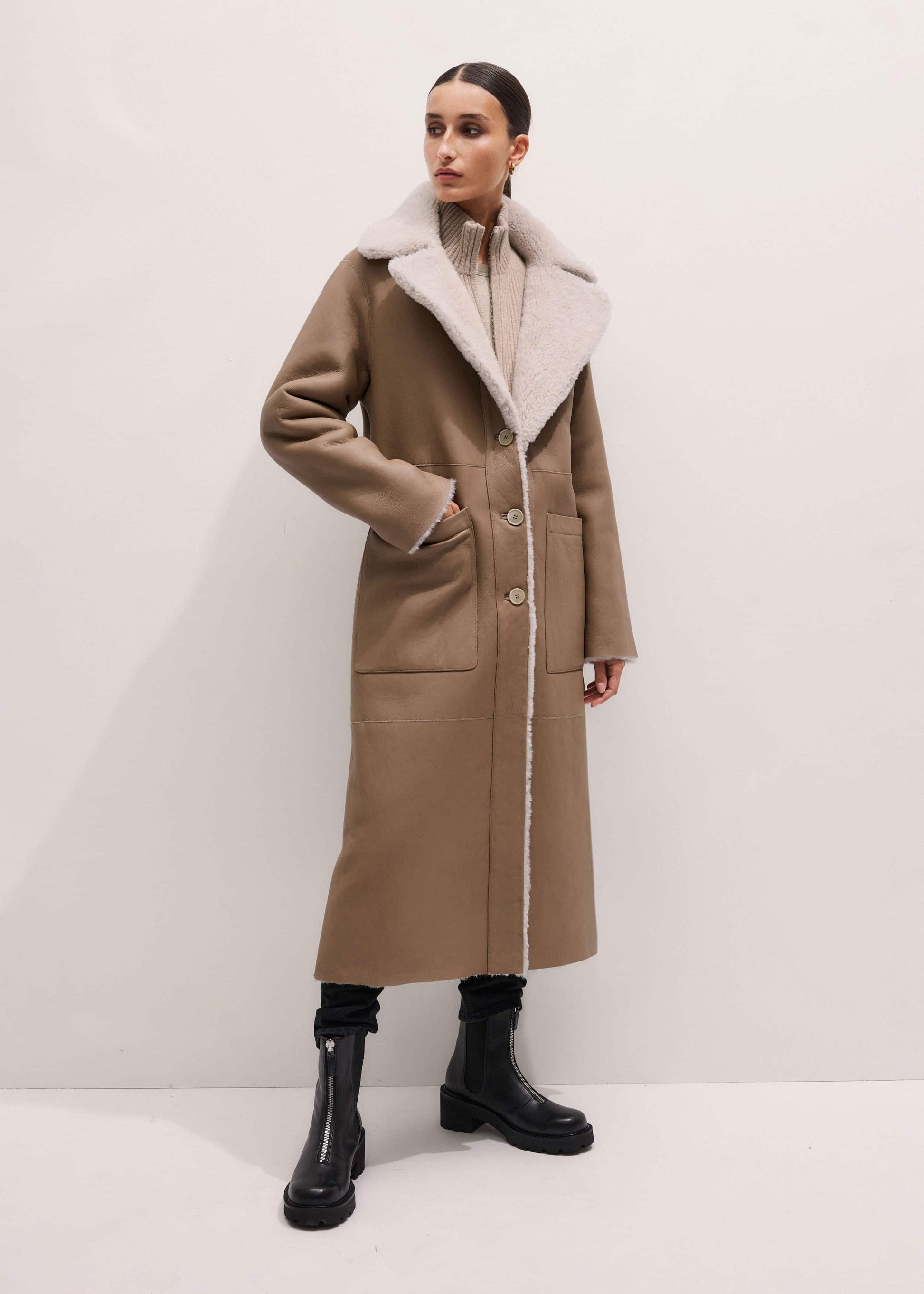 ME and EM Clothing Cream Reversible Shearling Coat + Belt