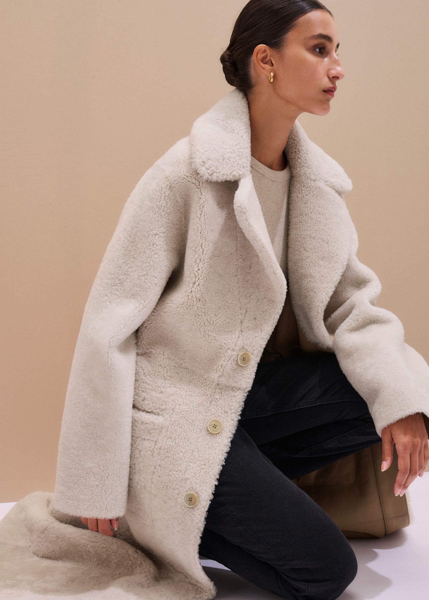 ME and EM Clothing Cream Reversible Shearling Coat + Belt