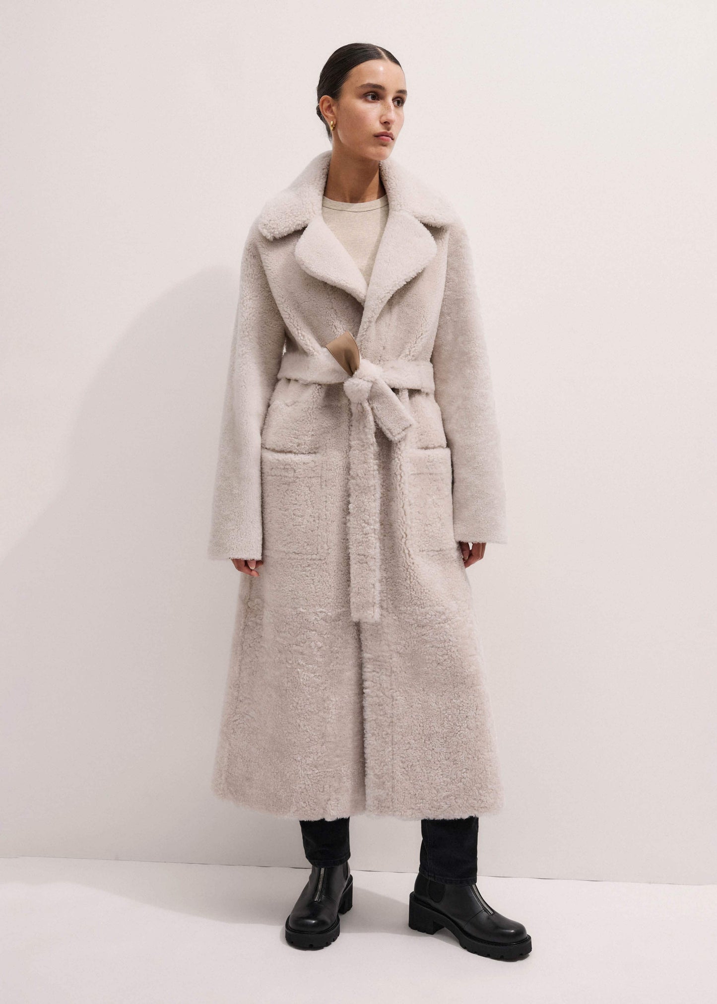ME and EM Clothing Cream Reversible Shearling Coat + Belt