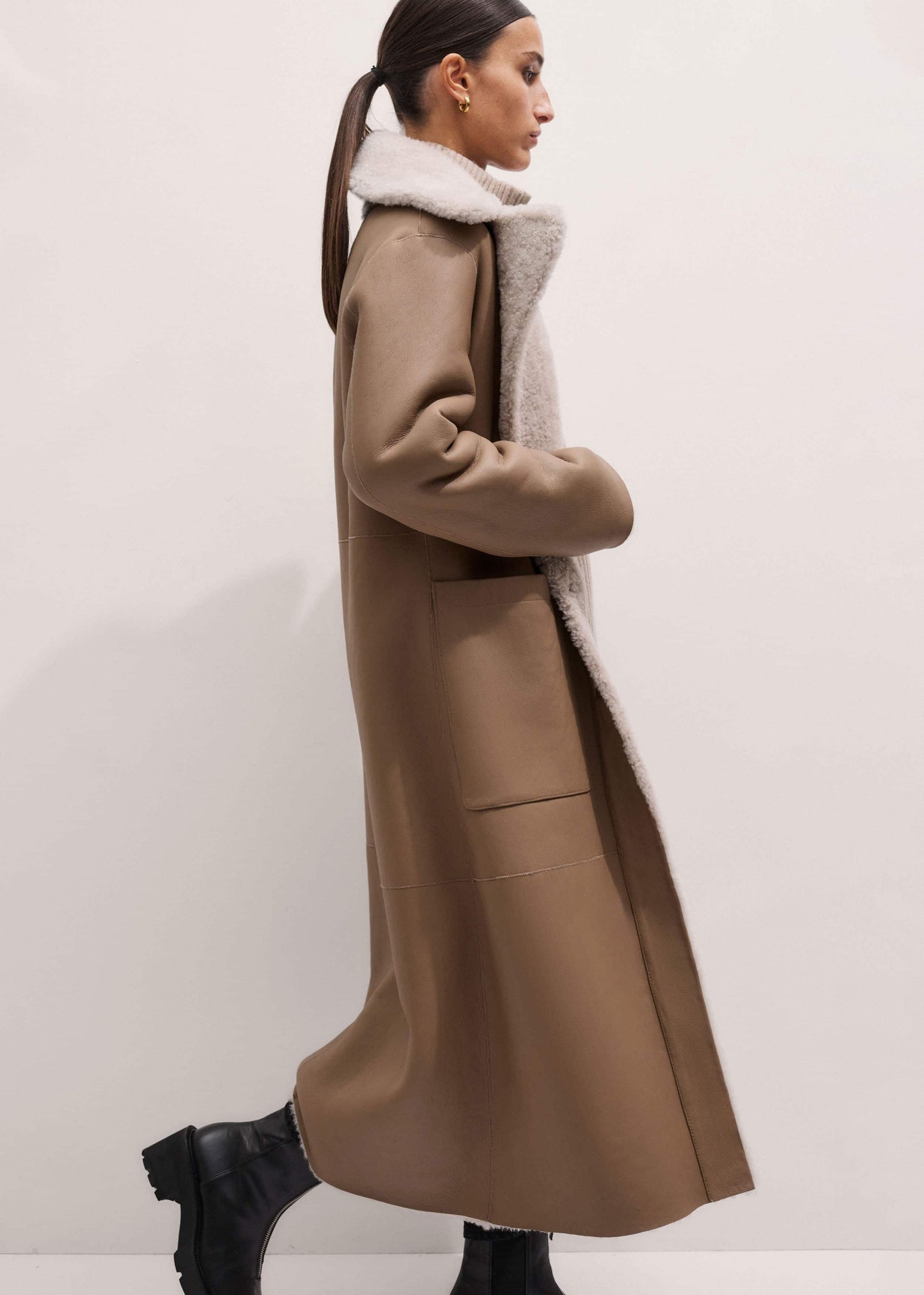 ME and EM Clothing Cream Reversible Shearling Coat + Belt