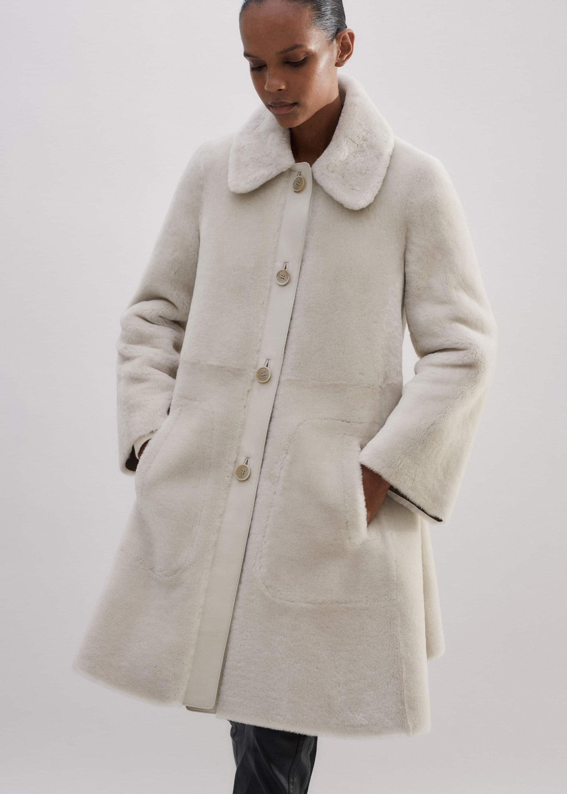 ME and EM Clothing Natural Luxe Shearling Leather-Mix Swing Coat