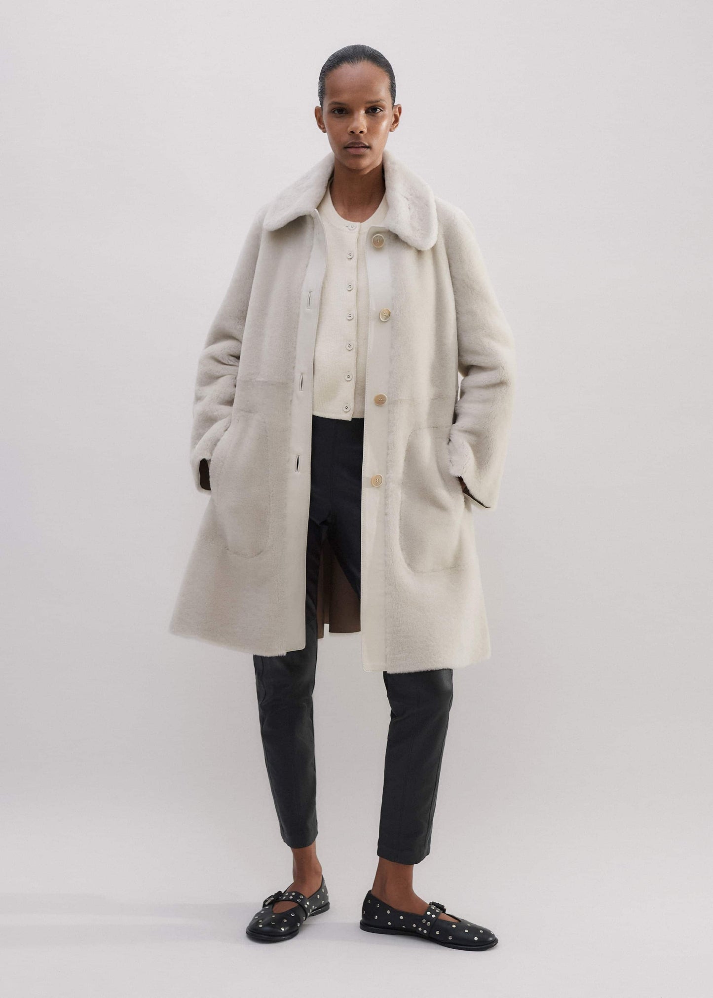 ME and EM Clothing Natural Luxe Shearling Leather-Mix Swing Coat