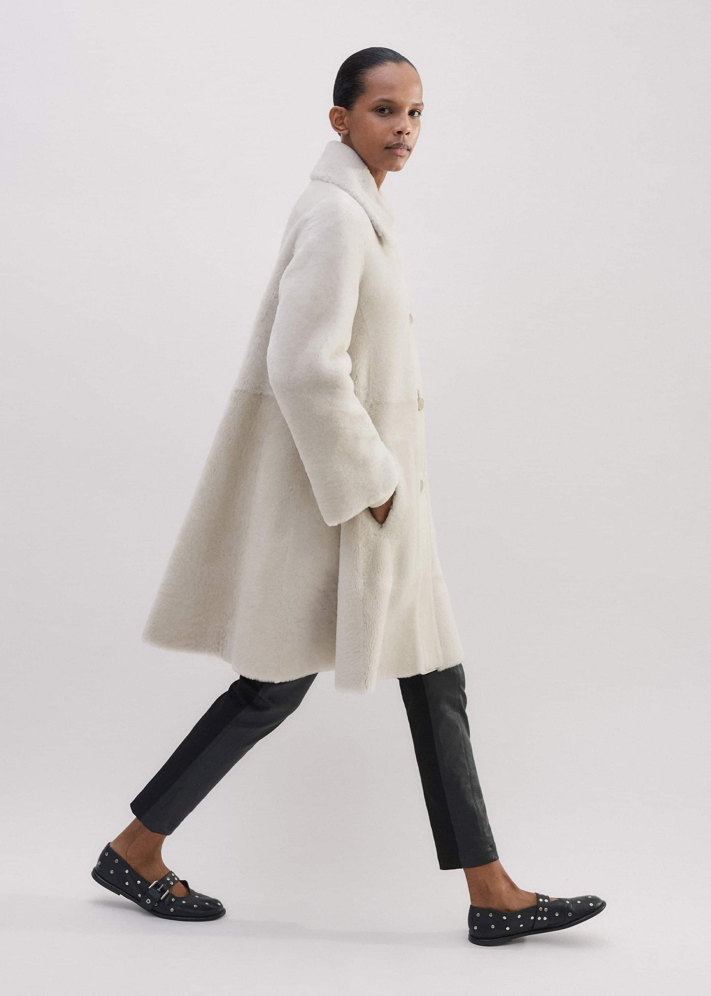 ME and EM Clothing Natural Luxe Shearling Leather-Mix Swing Coat