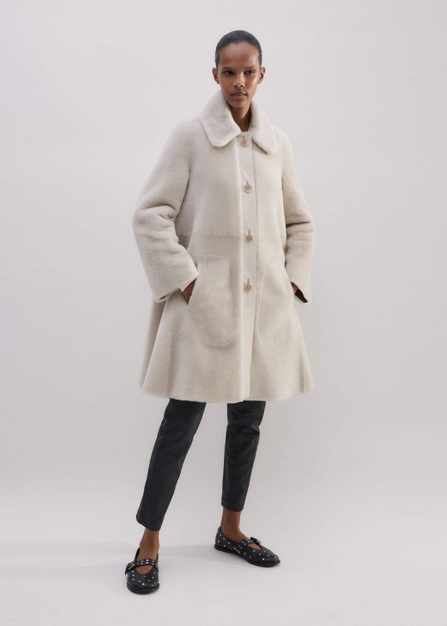 ME and EM Clothing Natural Luxe Shearling Leather-Mix Swing Coat