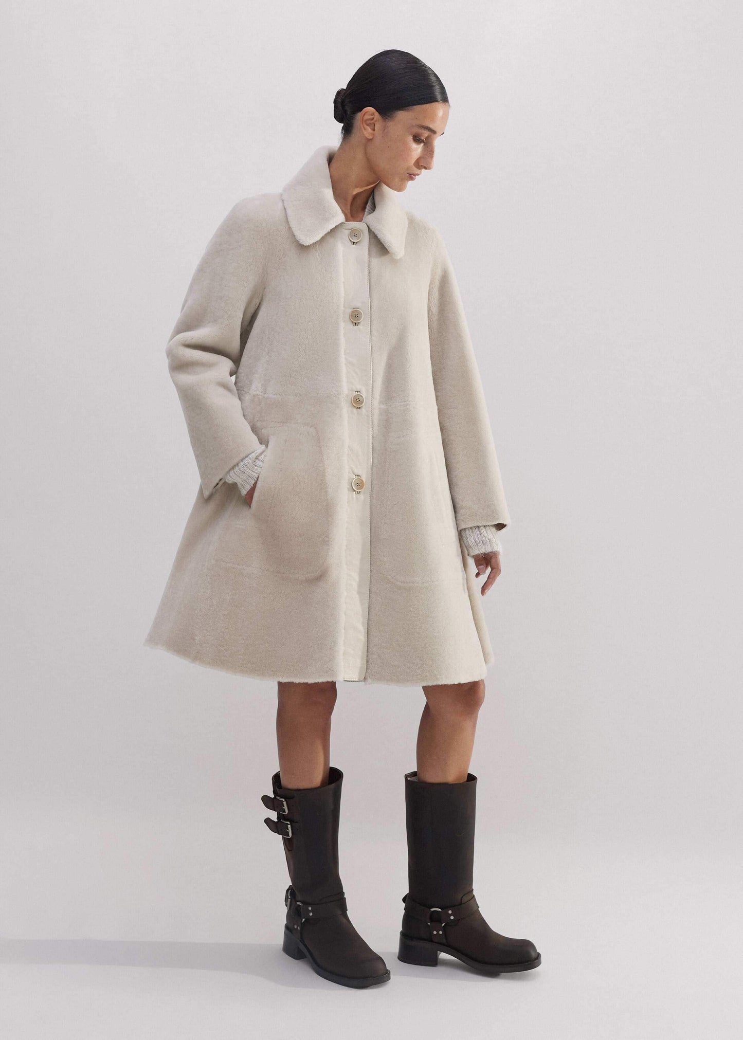 ME and EM Clothing Natural Luxe Shearling Leather-Mix Swing Coat