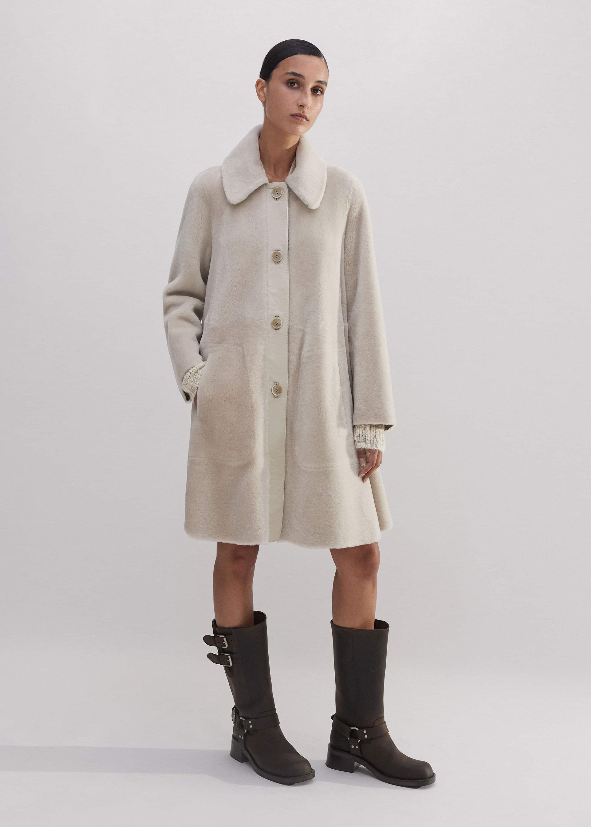 ME and EM Clothing Natural Luxe Shearling Leather-Mix Swing Coat