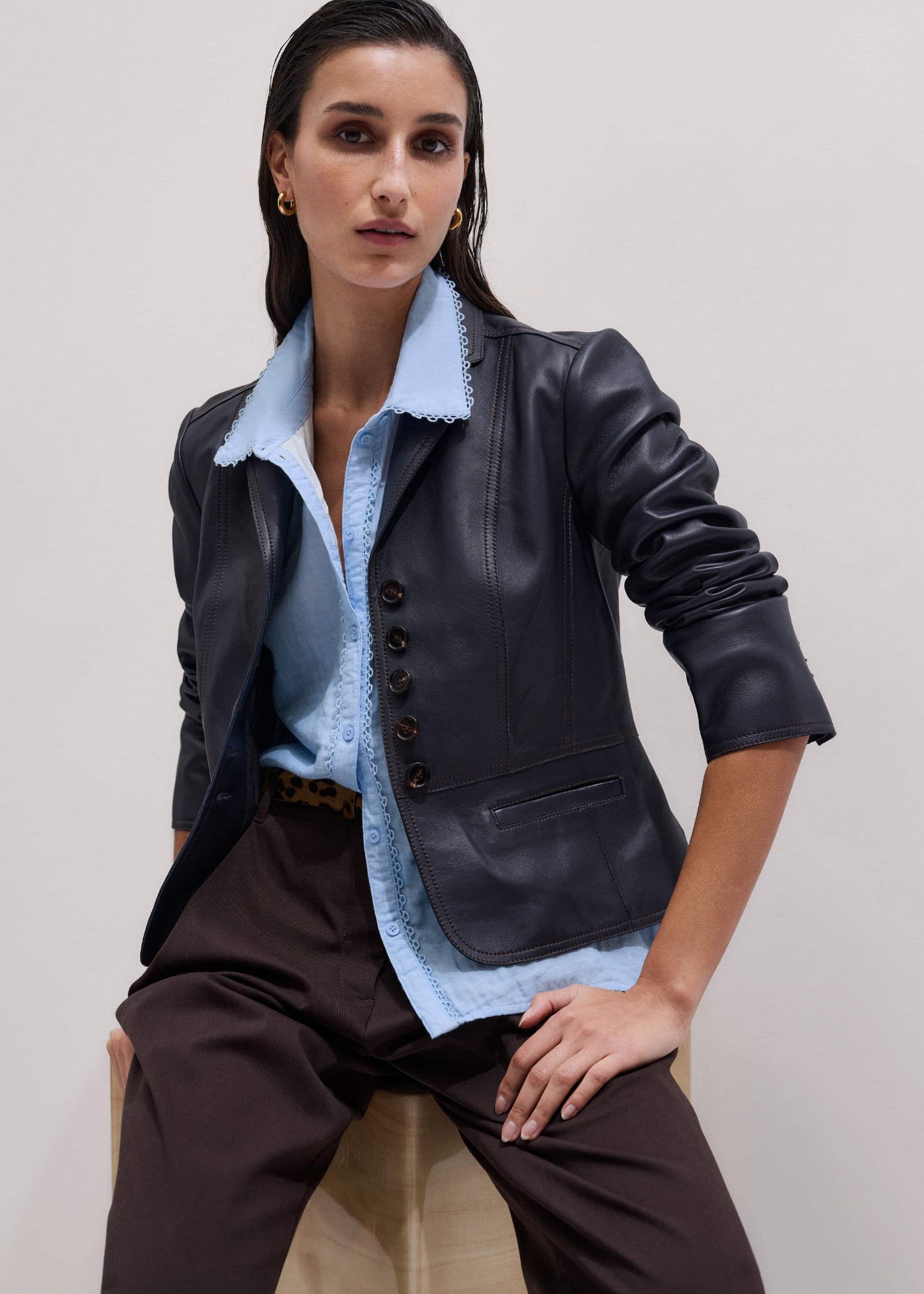 ME and EM Clothing Navy Leather Luxe Short Fitted Blazer