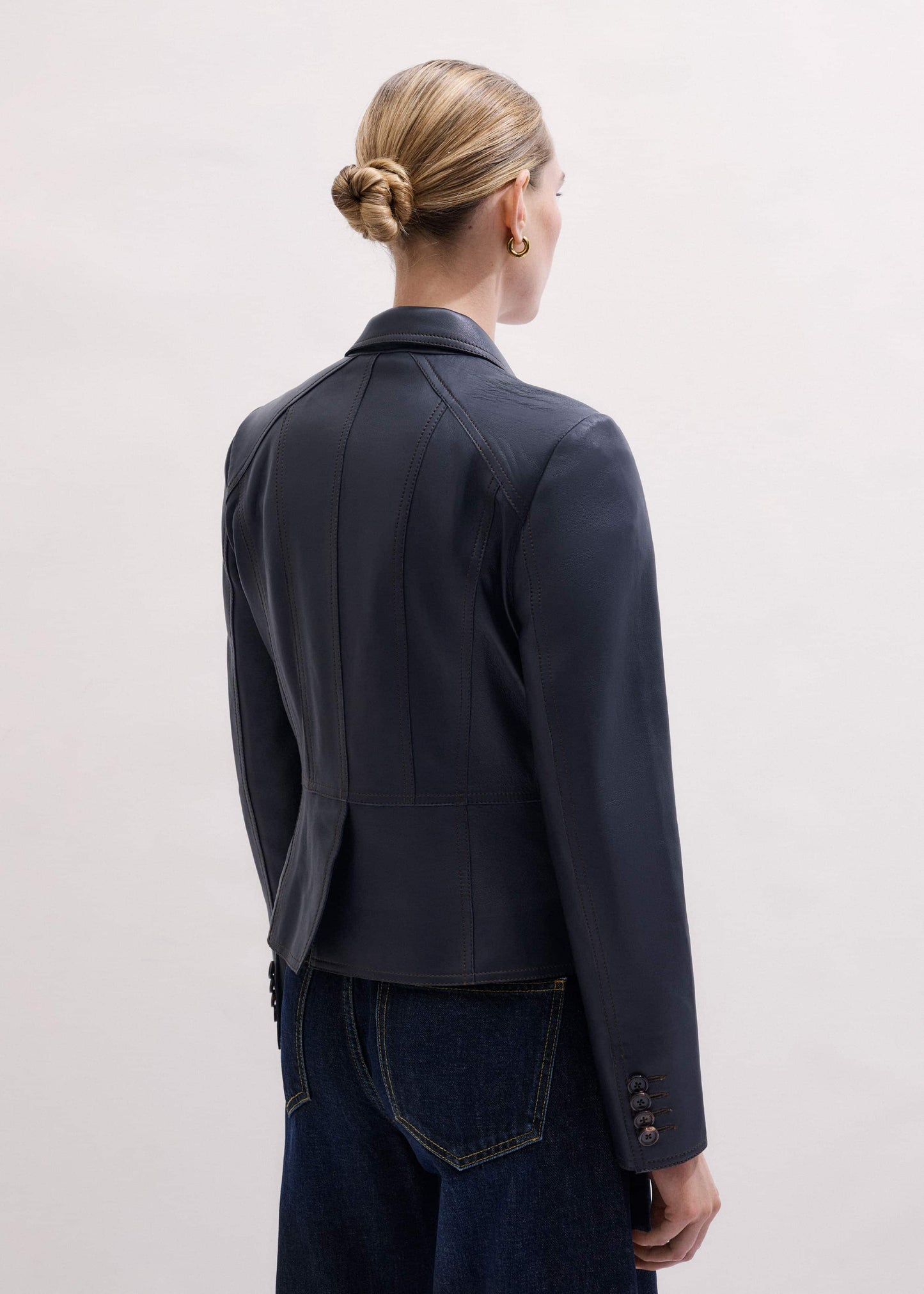 ME and EM Clothing Navy Leather Luxe Short Fitted Blazer